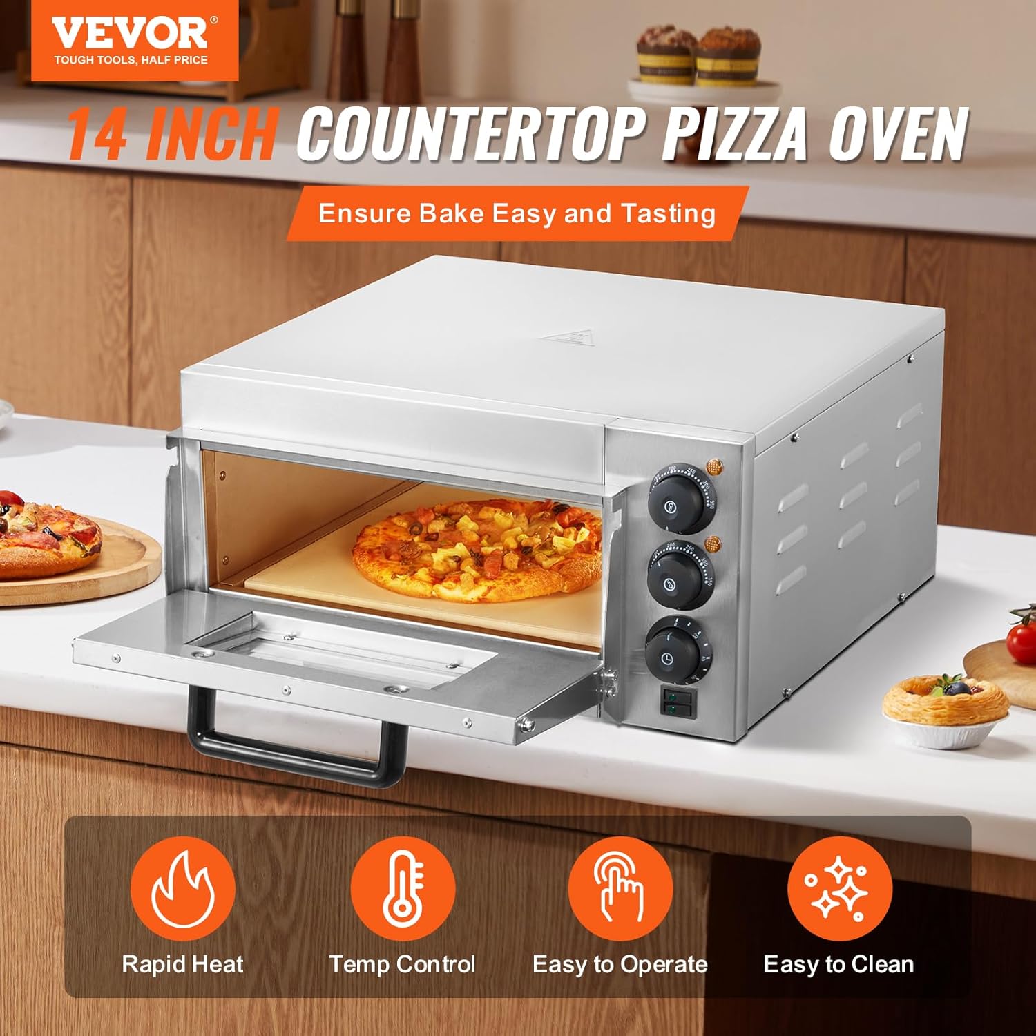 VEVOR Four à Pizza Commercial Capacité 16 po, Four Électrique de Comptoir Double Couche, en Acier Inoxydable, avec Pierre et Poignée, Machine à Pizza d'Intérieur Polyvalente pour Restaurant Maison