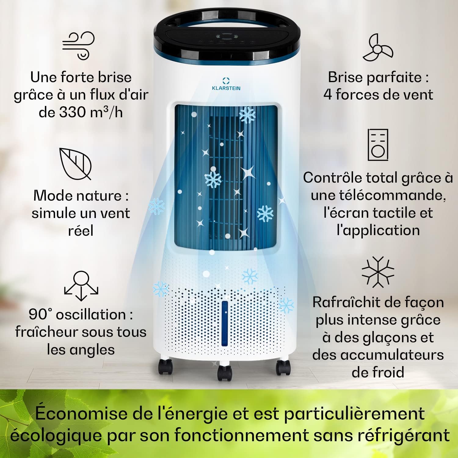 Klarstein Rafraichisseur d'Air 4 en 1, Climatiseur Portable Smart APP Mobile, Humidificateur, Ventilateur, Sans Évacuation 65W, Pack Glacons, Mode Nuit, Puissant Débit d'Air 330m³/h