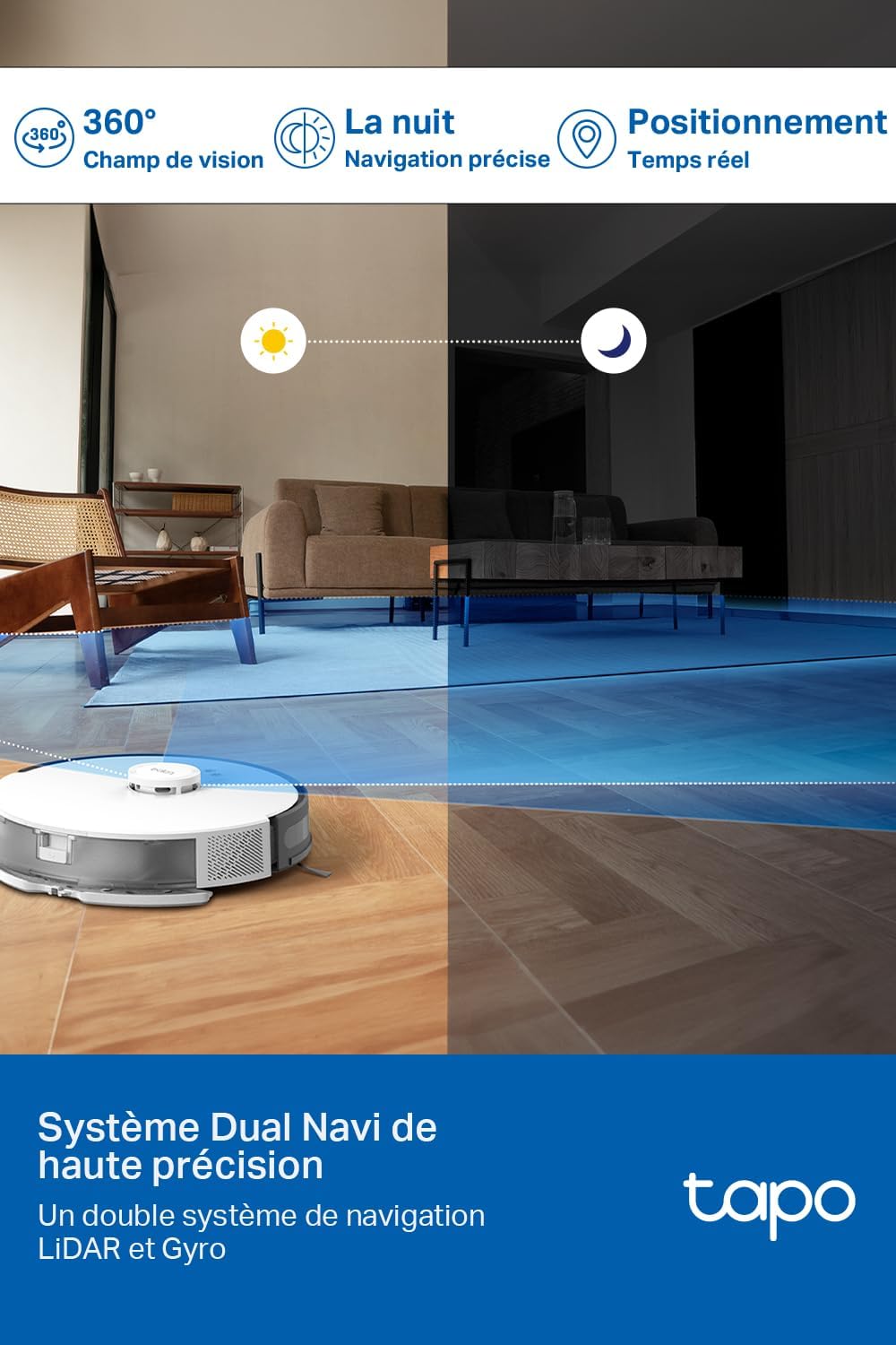 Tapo Aspirateur Robot Laveur 2 en 1 RV20Max Plus, Vidage Automatique, Silencieux Ultra Fin, Ultra puissante de 5300Pa, Navigation LiDAR, Auto-Charge Autonomie 180min, Tapis et Poils d'animaux