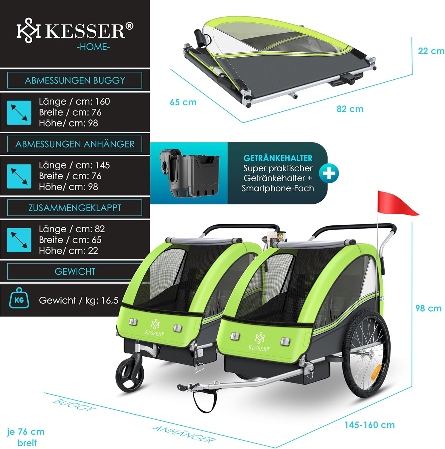 KESSER® Remorque pour Enfants Remorque de vélo Sport-RX 2en1 Fonction de Running Remorque de vélo pour Enfants + Ceinture de sécurité 5 Points 360°- Roue Avant Jogger Poussette Vélo