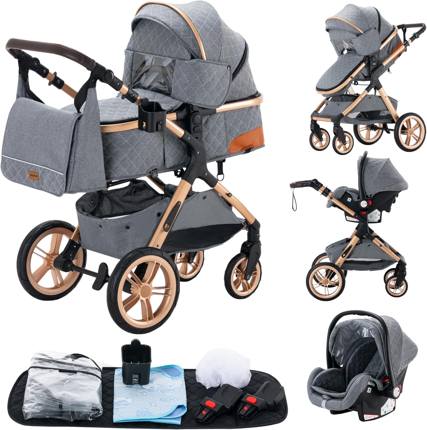 YAZOCO Poussettes 3 en 1 Citadines Poussettes Combinées Poussette Tricycle Baby Walker Poussette Haute Paysage Poussettes Pliantes Trolley Bébé Landau pour 0-36 (1 Noir)