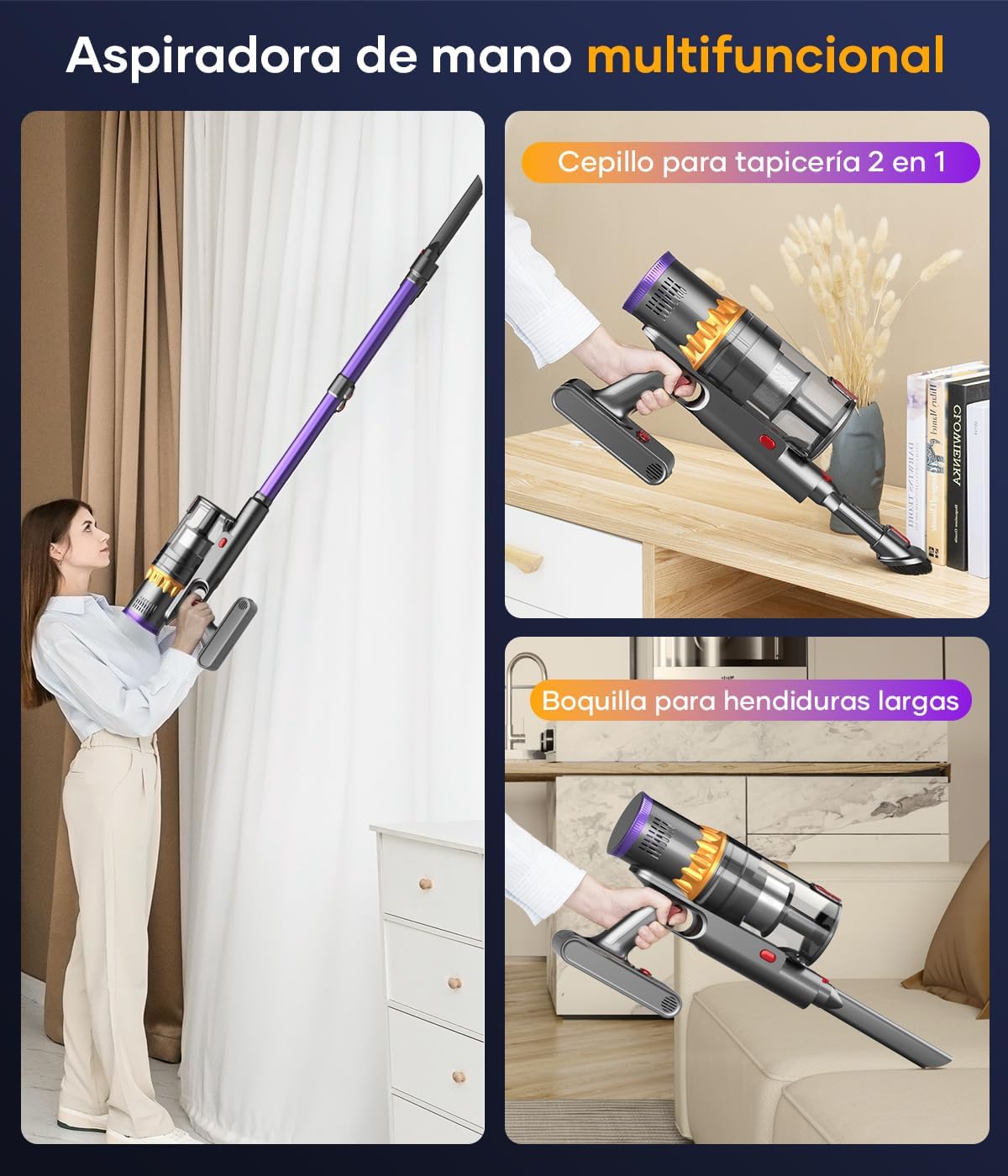 CHEBIO Aspirateur sans fil 45 000 Pa/550 W/70 min, avec réglage automatique de l'aspiration, avec brosse anti-emmêlement et écran LED pour tapis, sols durs, poils d'animaux