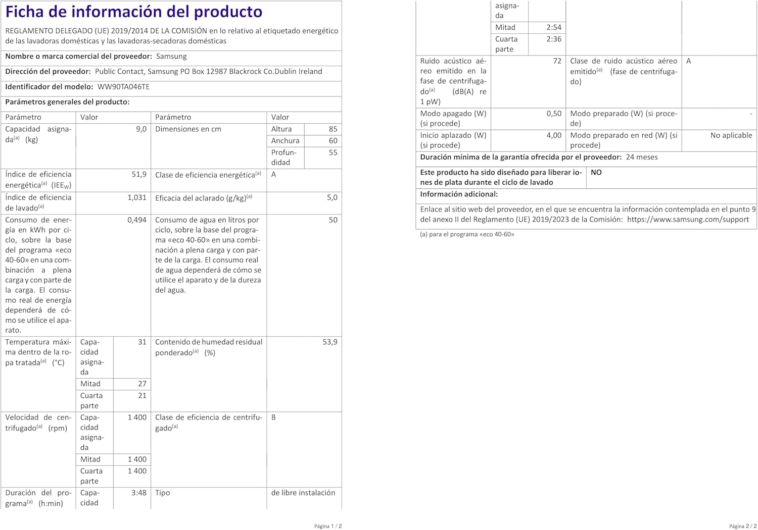 Machine à laver Samsung WW90T936DSH 9 kg