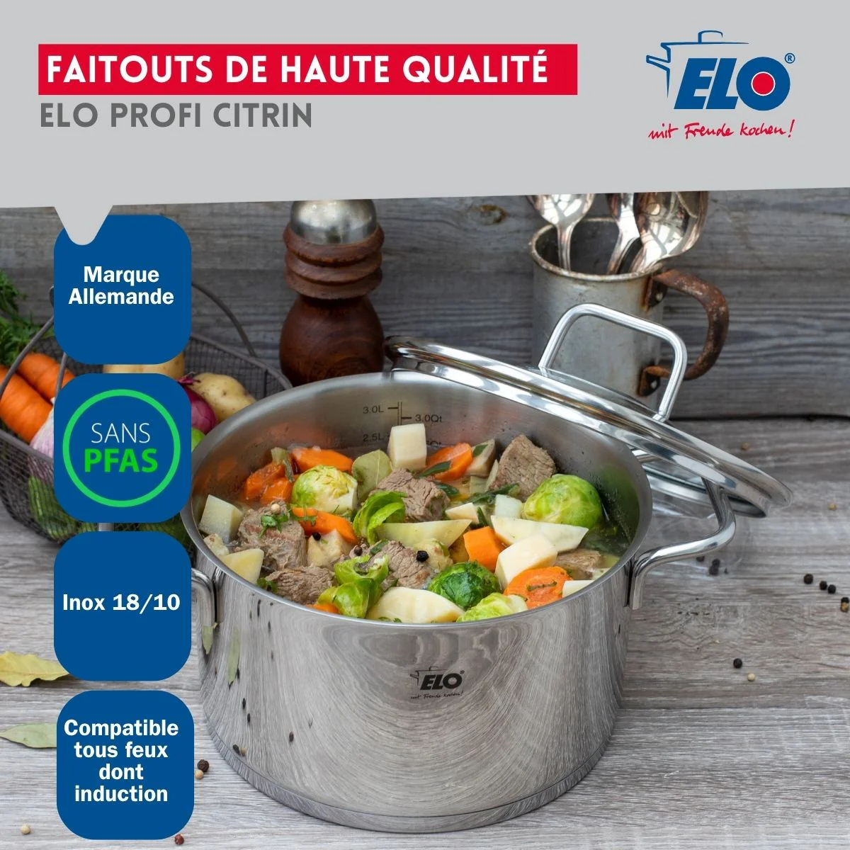 Ensemble de 3 Poêles de cuisson 24, 28 et 32 cm et 4 faitouts 12, 14, 16 et 20 cm Elo Profi Citrin Elo