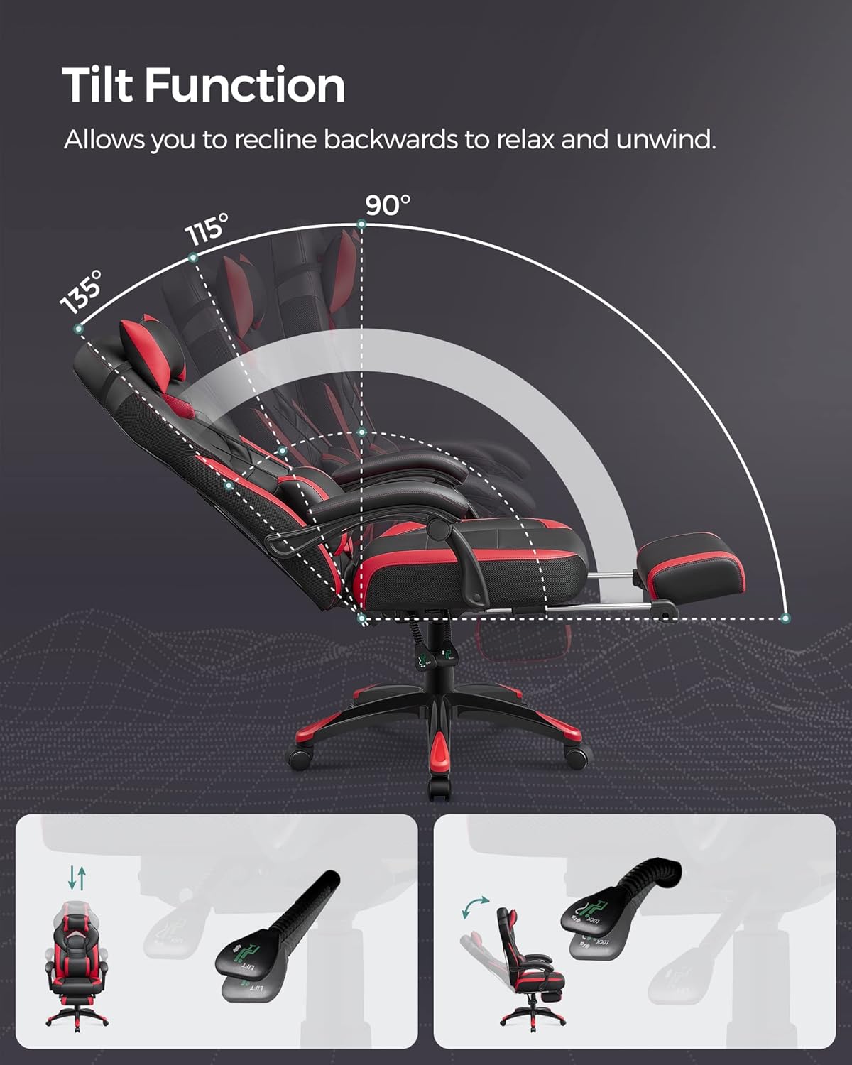 SONGMICS Fauteuil Gamer Ergonomique, Chaise Gaming, Fauteuil de Bureau, avec Repose-Pieds télescopique, Appui-tête réglable, Support Lombaire, capacité de Charge 150 kg, Gris et Noir OBG77BG