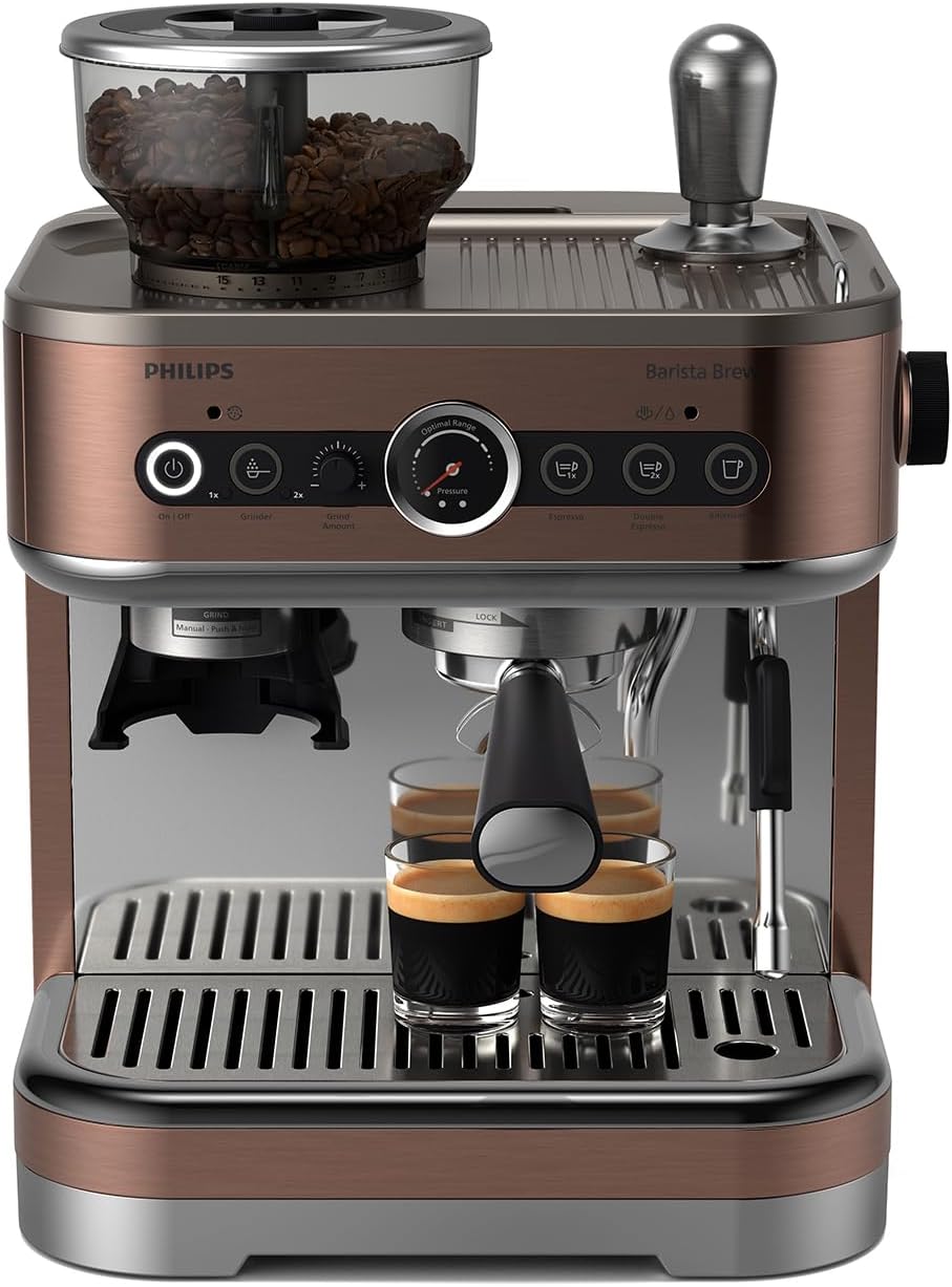 Philips Barista Brew Machine à Espresso Semi Automatique - Espresso simple et double + bouton Americano, réservoir à grains de 250g, guidage intuitif, tassage calibré, métal argenté (PSA3218/01)