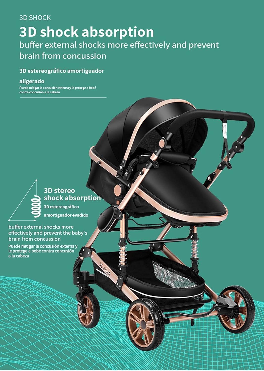 Magic ZC Poussette 3 en 1, Poussette Bebe avec Conception Portable Pliable en Un Clic, Pousette 3 en 1 avec Poussée Réversible Bidirectionnelle, Poussette Trio avec Accessoires (black gold 588)