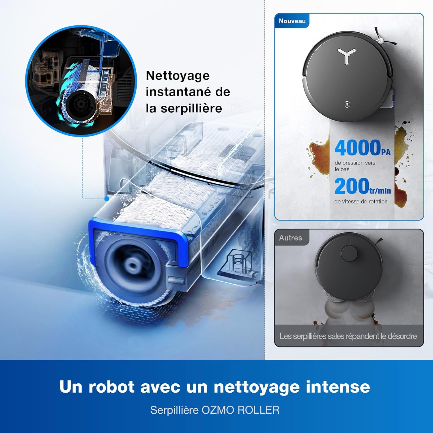 ECOVACS X8 PRO OMNI Robot Aspirateur Laveur avec Station Tout-En-Un, Puissance 18000Pa, Nettoyage Automatique Instantané OZMO ROLLER, Nettoyage à l'eau chaude 75℃, Ajout Solution Nettoyage Automatique