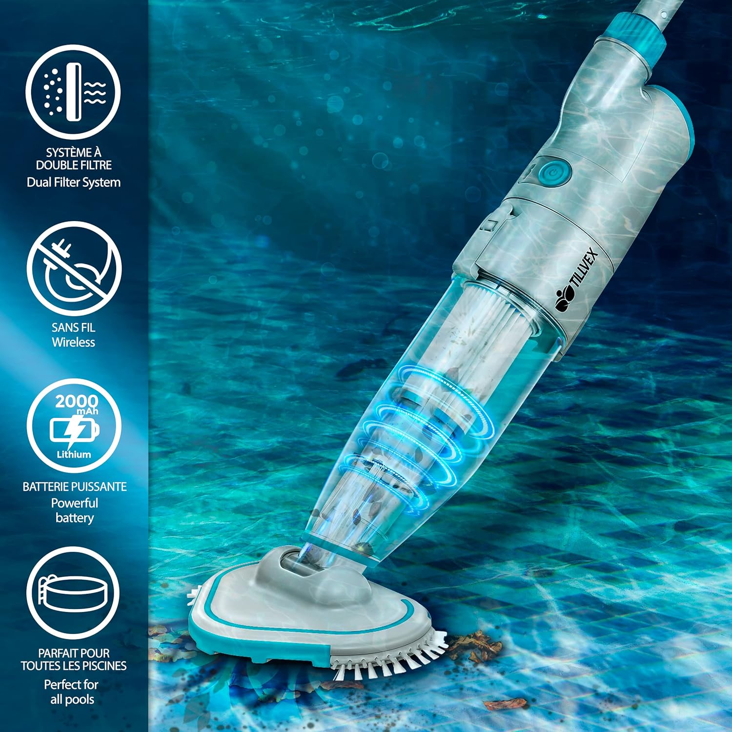 tillvex Aspirateur Électrique pour Piscines | Nettoyeur de Piscine sans Fil avec Manche Télescopique | Kit de Nettoyage avec Filtre & 2 Vitesses | Rechargeable