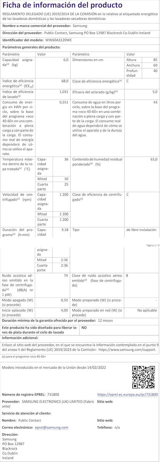 Machine à laver Samsung WW60A3120WE/ET Slim, autonome, 6 kg, 1200 tr/min, vapeur, chargement frontal, 85 x 59,5 x 40 cm, blanc