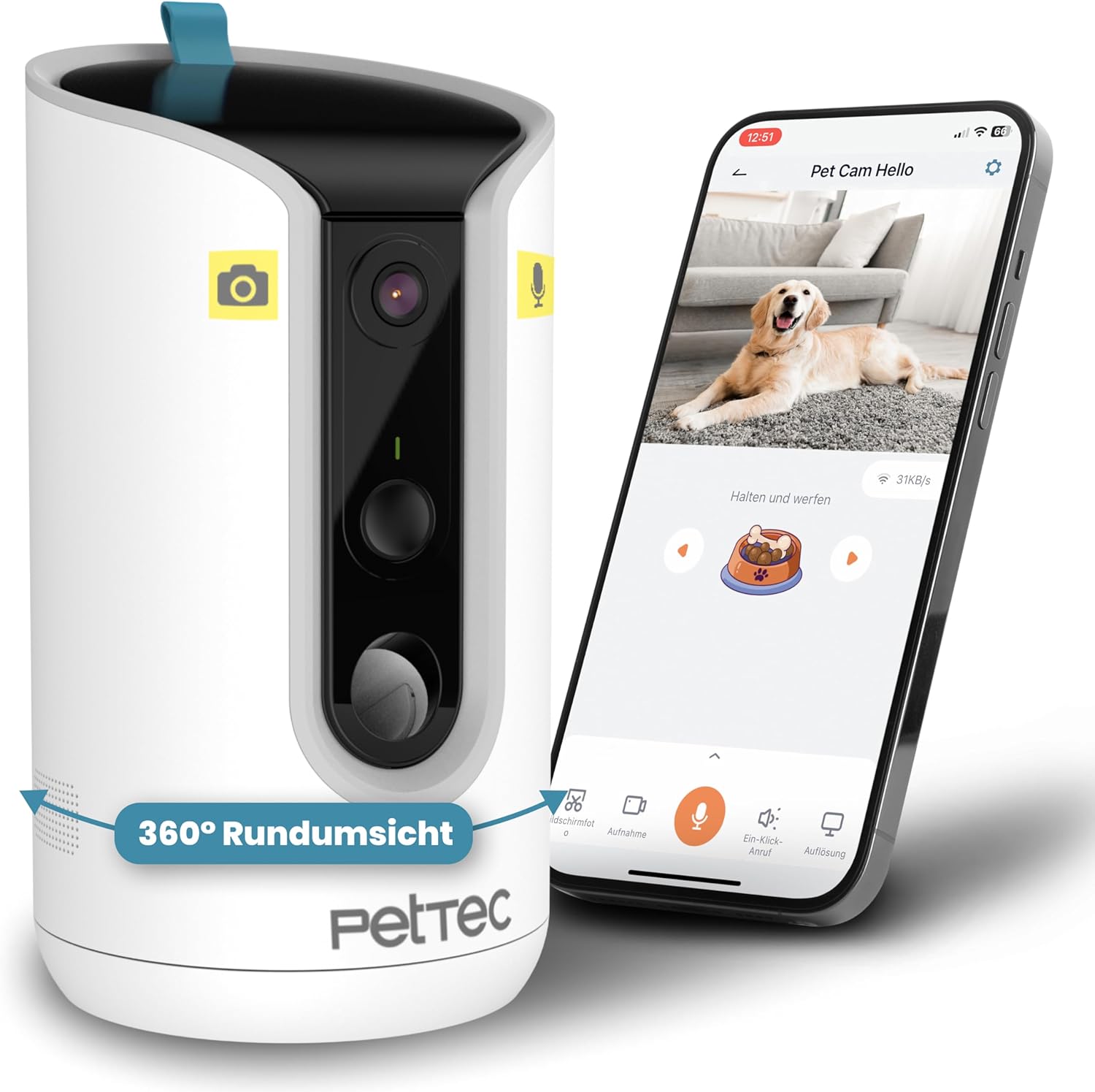 PetTec Cam Free Lot de 2 caméras sans fil pour animaux de compagnie avec application [sans piège à abonnement] – Caméra pour chats et chiens intérieur/extérieur – Détection de mouvement et fonction