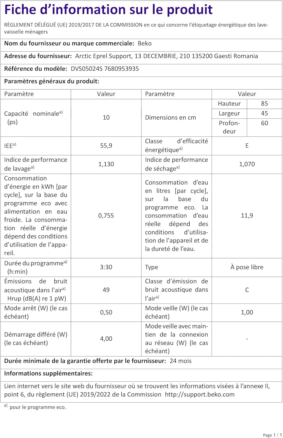 Beko DVS05024S lave-vaisselle Autoportante 10 couverts Argent