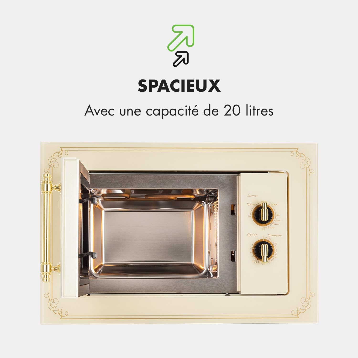 Klarstein Victoria 20 - micro-ondes encastrable, design rétro, 20L, micro-ondes 800W / puissance de gril 1000W, 3 fonctions grill/micro-ondes, acier inoxydable, cadre de montage, ivoire