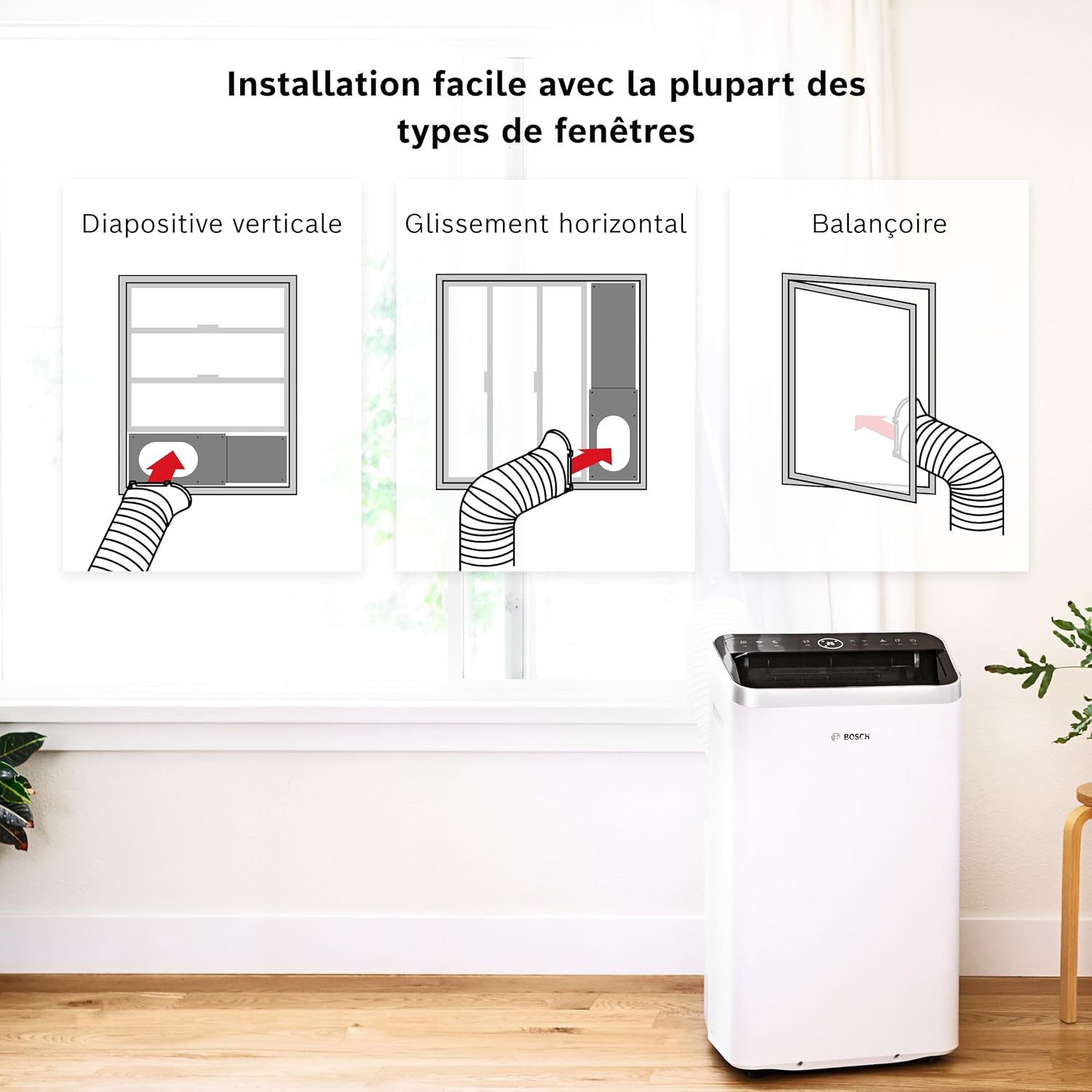 Bosch Cool 4000 Portable AC - 3 en 1 : Climatiseur, Déshumidificateur, Ventilateur - 2,6 kW pour les pièces jusqu'à 35m² - Avec Mode Auto, Mode Silencieux et Mode Veille (48 db (A)) [Classe A+]
