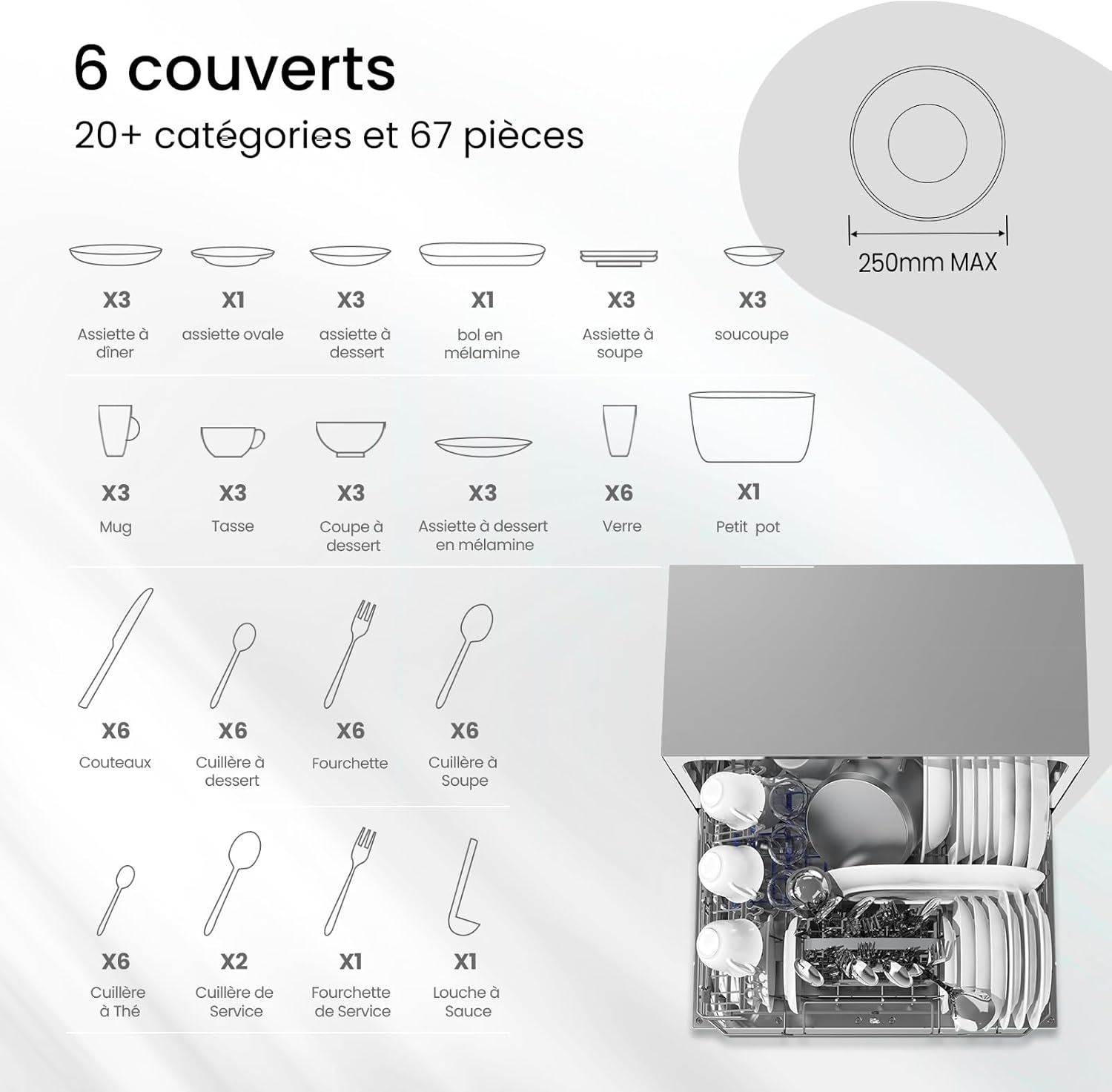 COMFEE' CDWPF1201PS Lave-vaisselle Pose Libre, 60 cm, 12 couverts, départ différé, fonction demi-charge, paniers flexibles - Acier Inoxydable, 49 dB, Commande Bouton