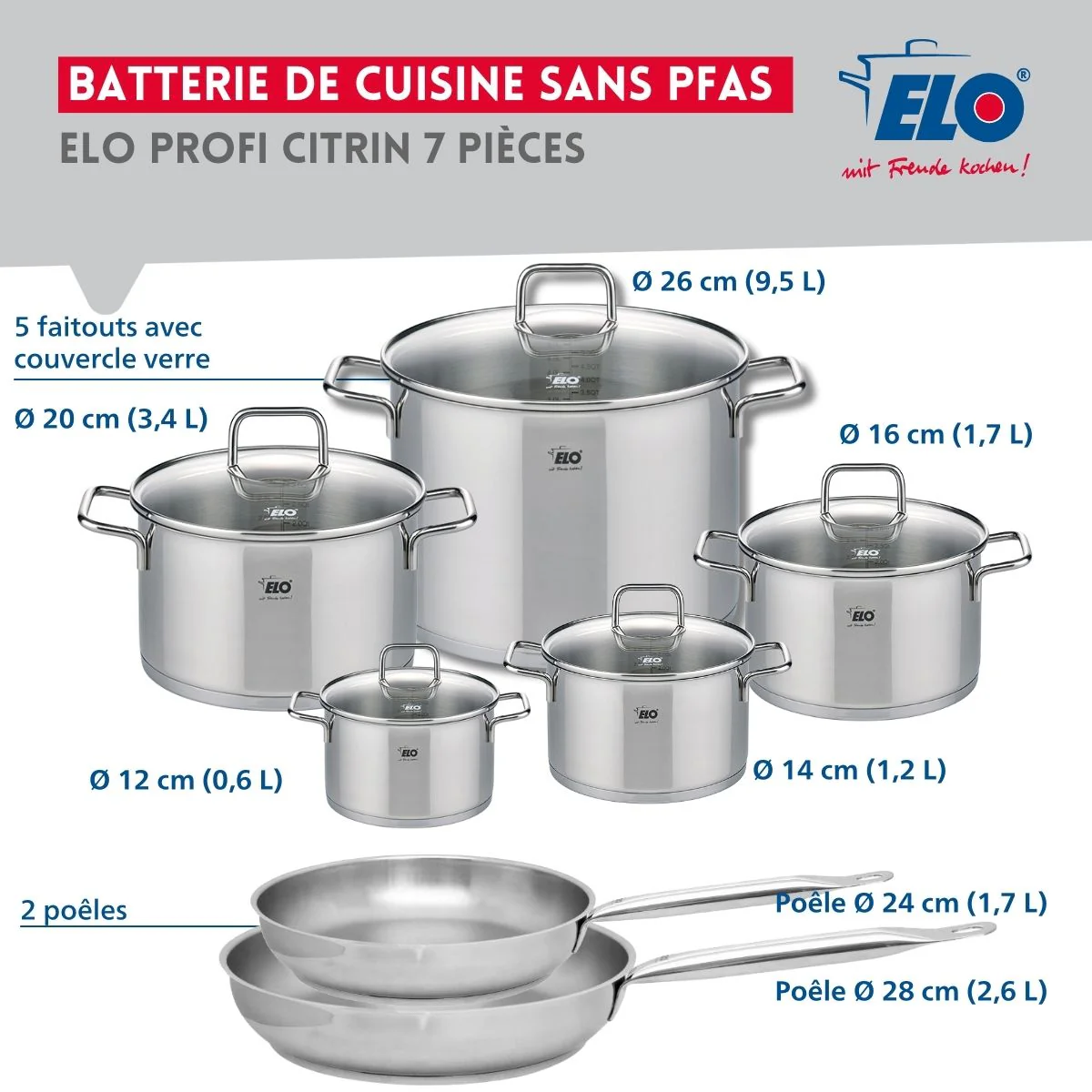 Ensemble de 2 Poêles de cuisson 24 et 28 cm et 5 faitouts 12, 14, 16, 20 et 26 cm Elo Profi Citrin Elo