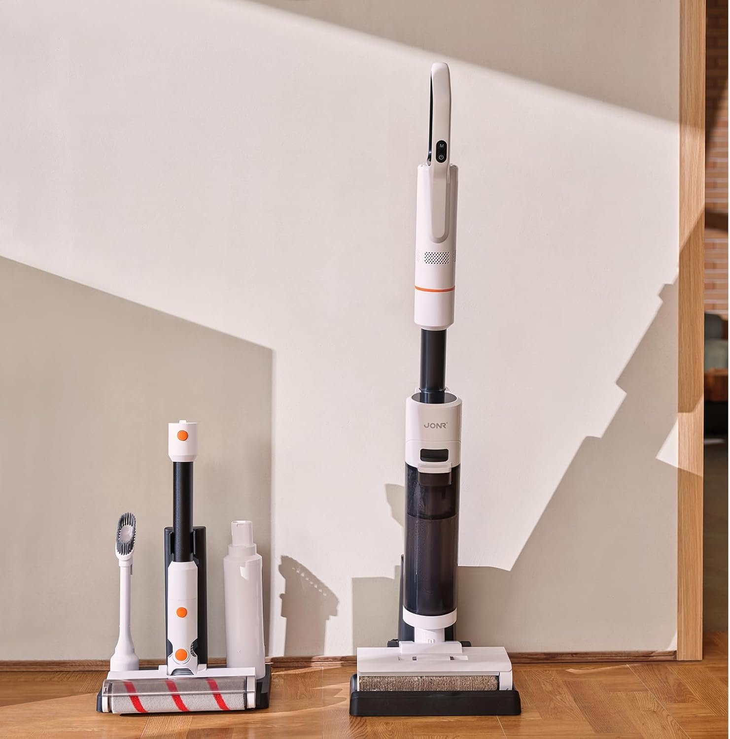 JONR ED12 Aspirateur Eau et Poussière, Aspirateur et Balai à Franges sans Fil 4 en 1, Brosse Rouleau de Nettoyage des Bords, Fonction d’Auto-Nettoyage, pour Sols Durs, Poils d'animaux