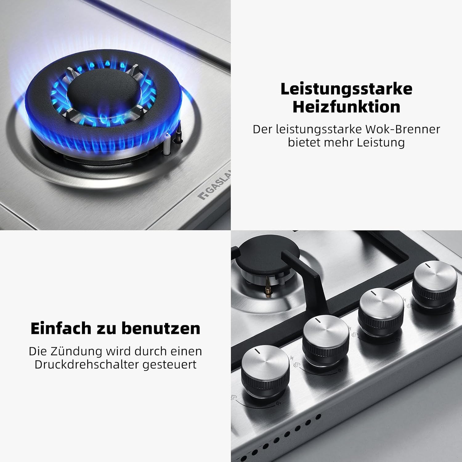GASLAND GH2805BG1FC Table de cuisson à gaz 5 feux, Cuisinière à gaz avec brûleur wok, Table de cuisson à gaz encastrable, 76cm noir Cuisinière à gaz en verre, Cuisinière à gaz 10,4KW, GPL/NG