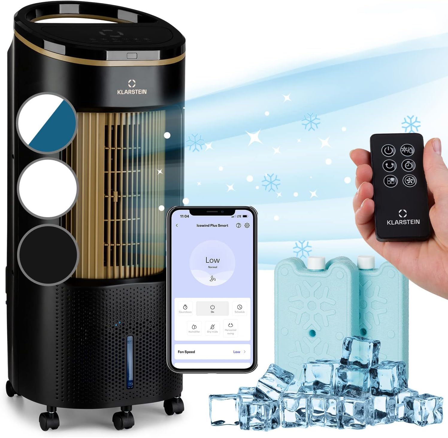 Klarstein Rafraichisseur d'Air 4 en 1, Climatiseur Portable Smart APP Mobile, Humidificateur, Ventilateur, Sans Évacuation 65W, Pack Glacons, Mode Nuit, Puissant Débit d'Air 330m³/h