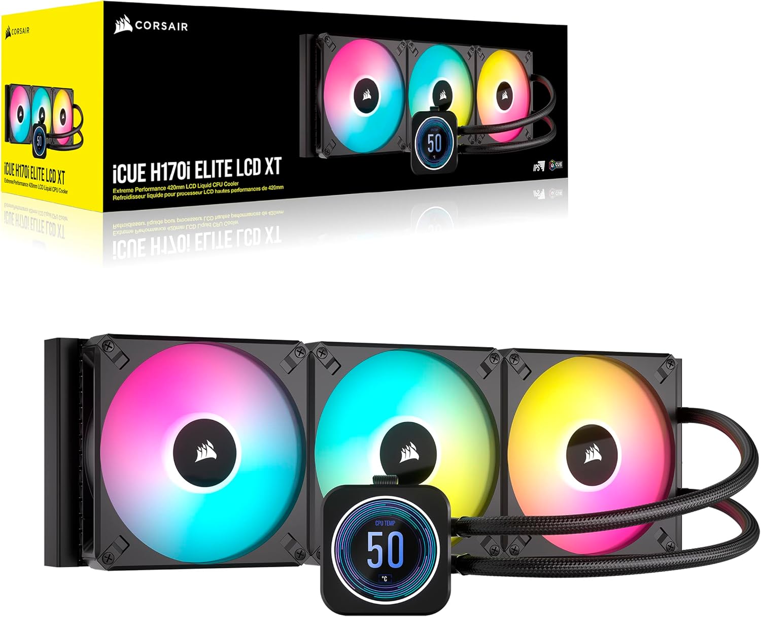 Corsair iCUE H150i Elite LCD XT Refroidisseur de CPU Liquide - Écran LCD IPS - Trois Ventilateurs AF120 RGB Elite - Radiateur 360mm - Convient à Intel® LGA 1700, AMD AM5, et Plus - Noir