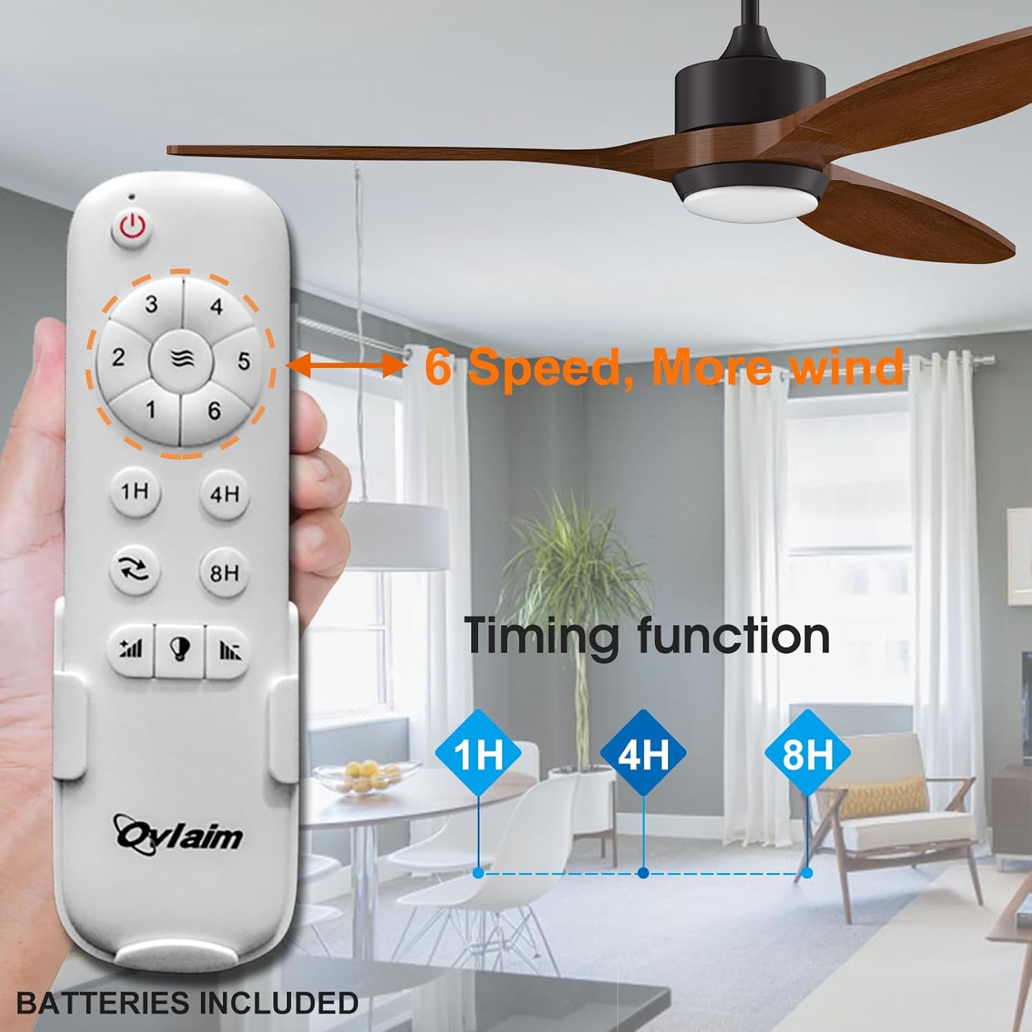 Ovlaim 132cm intérieur extérieur 3 pales hélice Smart ventilateur de plafond, Ventilateur de plafond en bois massif à moteur DC silencieux avect