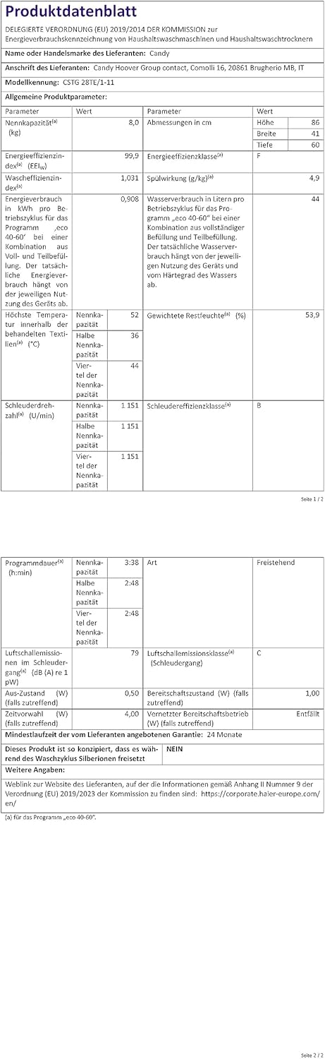 Candy Smart CSTG 28TE/1-11 Machine à laver à charge par le haut, 8 kg, 1200 tours, 17 programmes, connectivité NFC, 41 x 60 x 86 cm, classe F, blanc