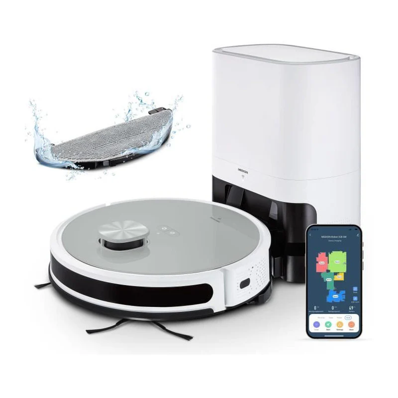 Medion X21 Sw - Robot Aspirateur Laveur Avec Station De Vidange - Navigation Laser - Puissance 3000 Pa Medion