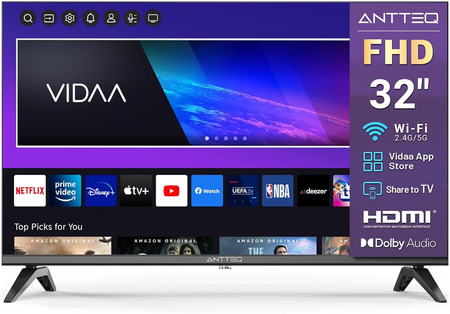 Antteq AB42D1 télévision 42 Pouces (TV 107 cm), Dolby Audio, LED, Triple Tuner DVB-C / T2 / S2, CI+, HDMI, Lecteur multimédia Via USB, Sortie Audio numérique, y Compris Mode hôtel