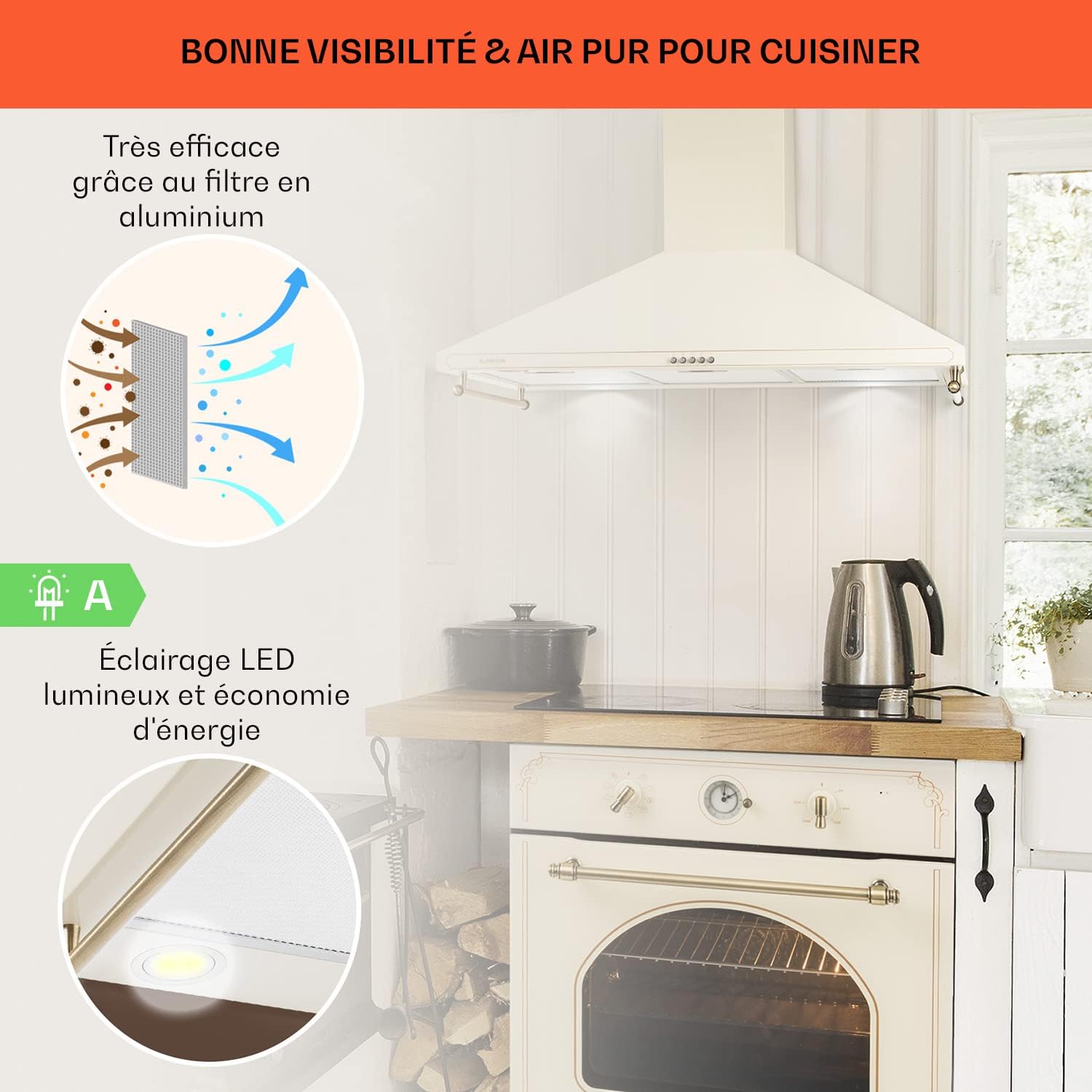 Klarstein Hotte Aspirante 90 cm, Hottes de Cuisine avec Filtre de Hotte en Aluminium, Débit d'Air Puissant de 645m³/h, Eclairage LED, Extracteur d'Air Silencieux, Hotte Efficace avec Evacuation