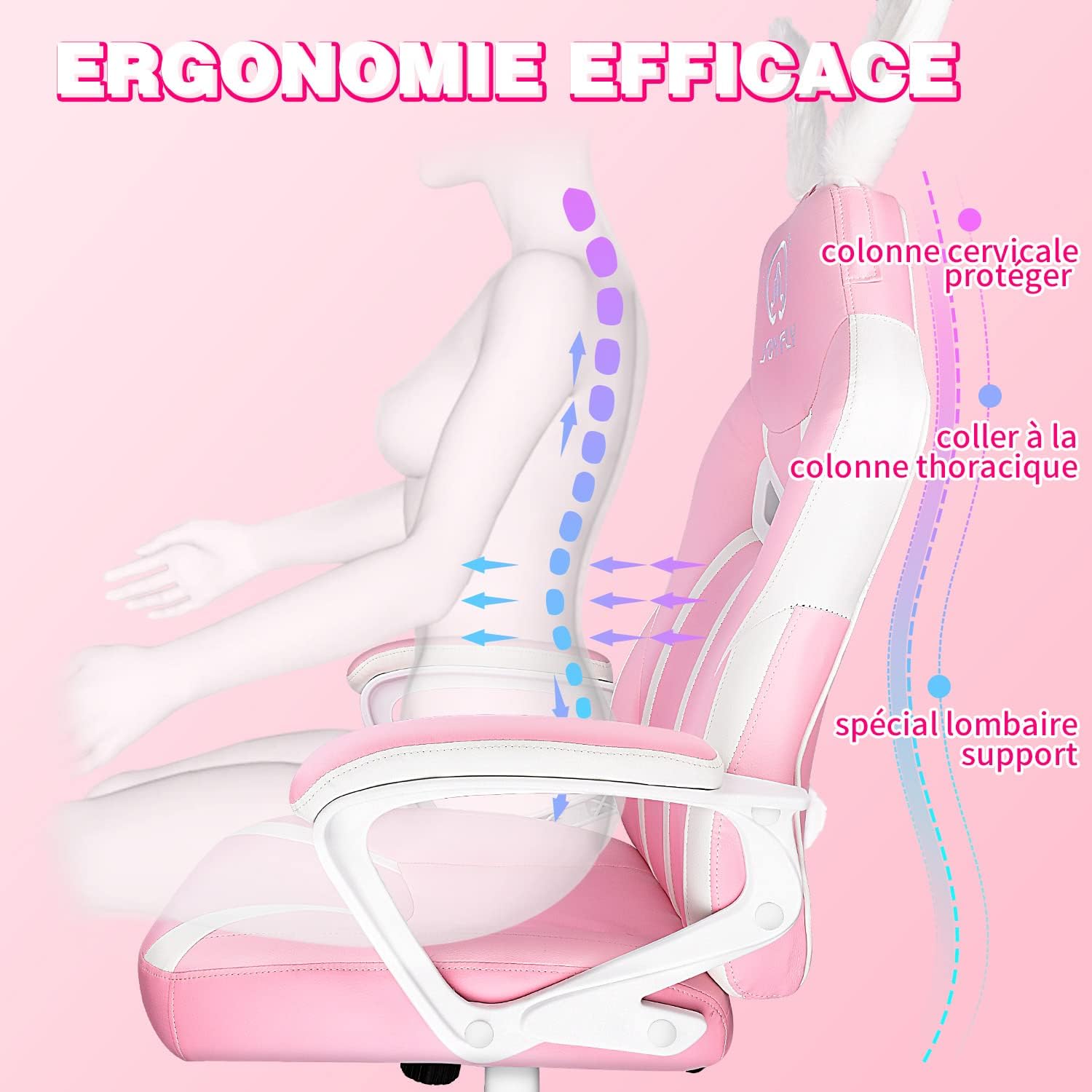 JOYFLY Chaise de Jeu Rose Ergonomique Kawaii Fauteuil Gaming avec Rabbit Ear Chaise de Bureau d'ordinateur Schreibtischstuhl avec Support Lombaire Filles(Rose)