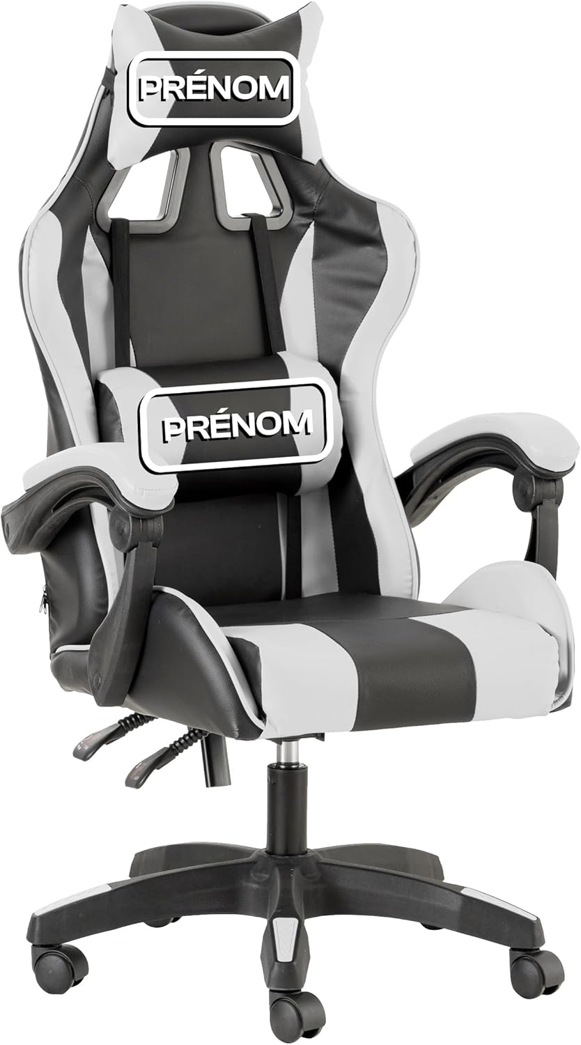 Baroni Home Chaise de Gaming, Chase de Jeux Ergonomique Chaise de Bureau avec Confortable Dossier réglable, Appui-tête et Soutien Lombaire, Blanc