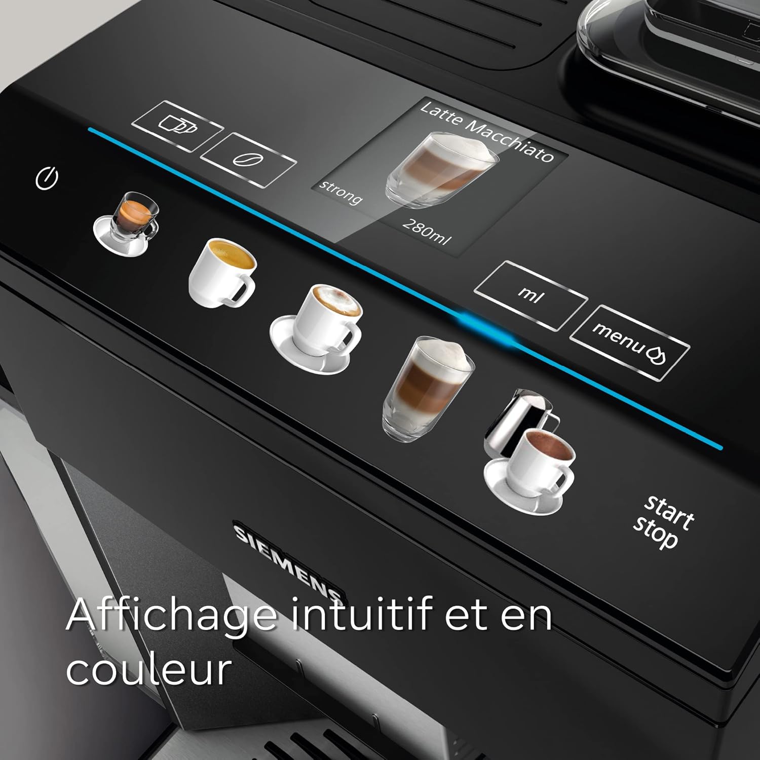 SIEMENS, machine à café tout automatique, EQ.500 integral, aromaDouble Shot, système autoMilk Clean, ceramDrive, affichage coffeeSelect, oneTouch DoubleCup, Noir saphir métallique, TQ505R09