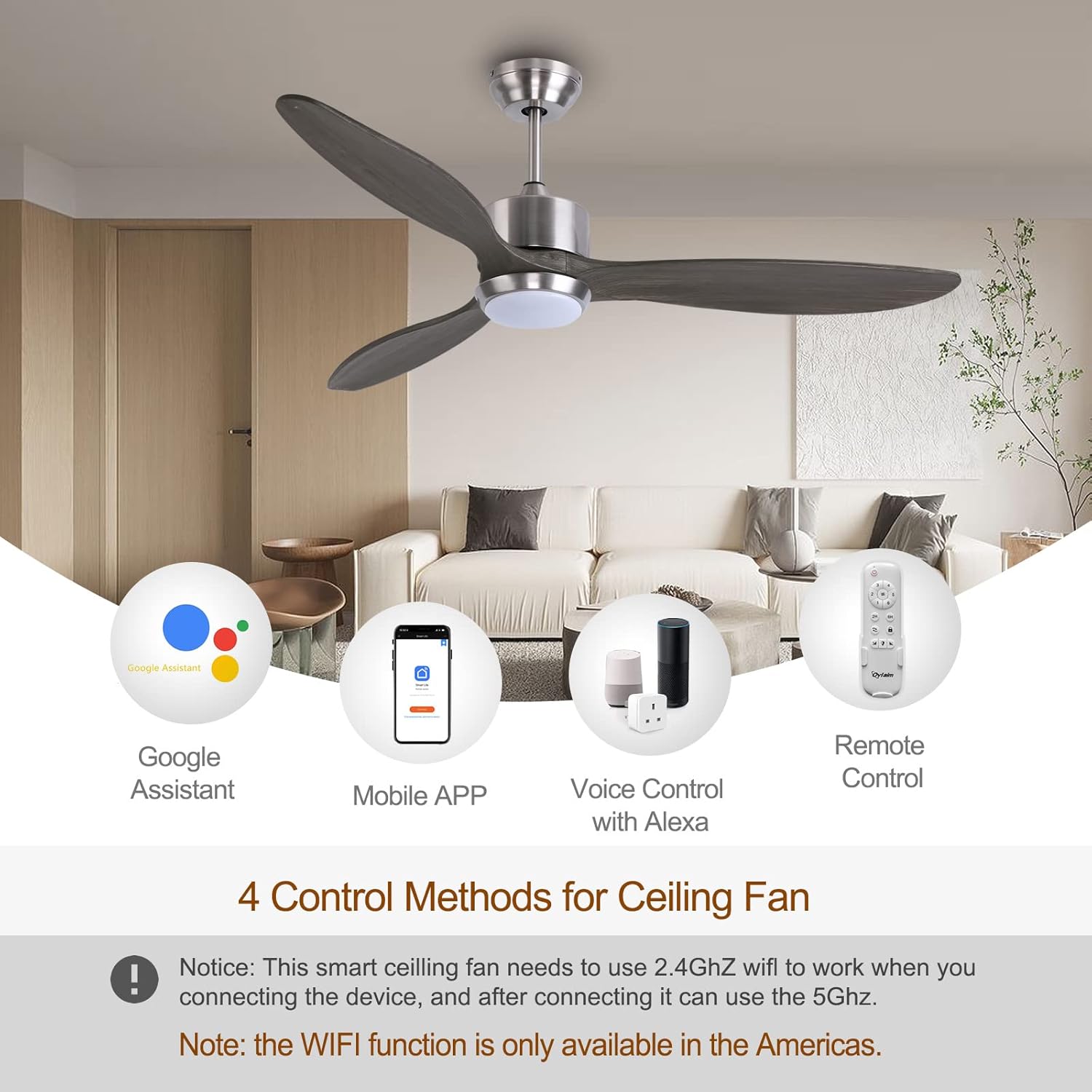 Ovlaim 132cm intérieur extérieur 3 pales hélice Smart ventilateur de plafond, Ventilateur de plafond en bois massif à moteur DC silencieux avect