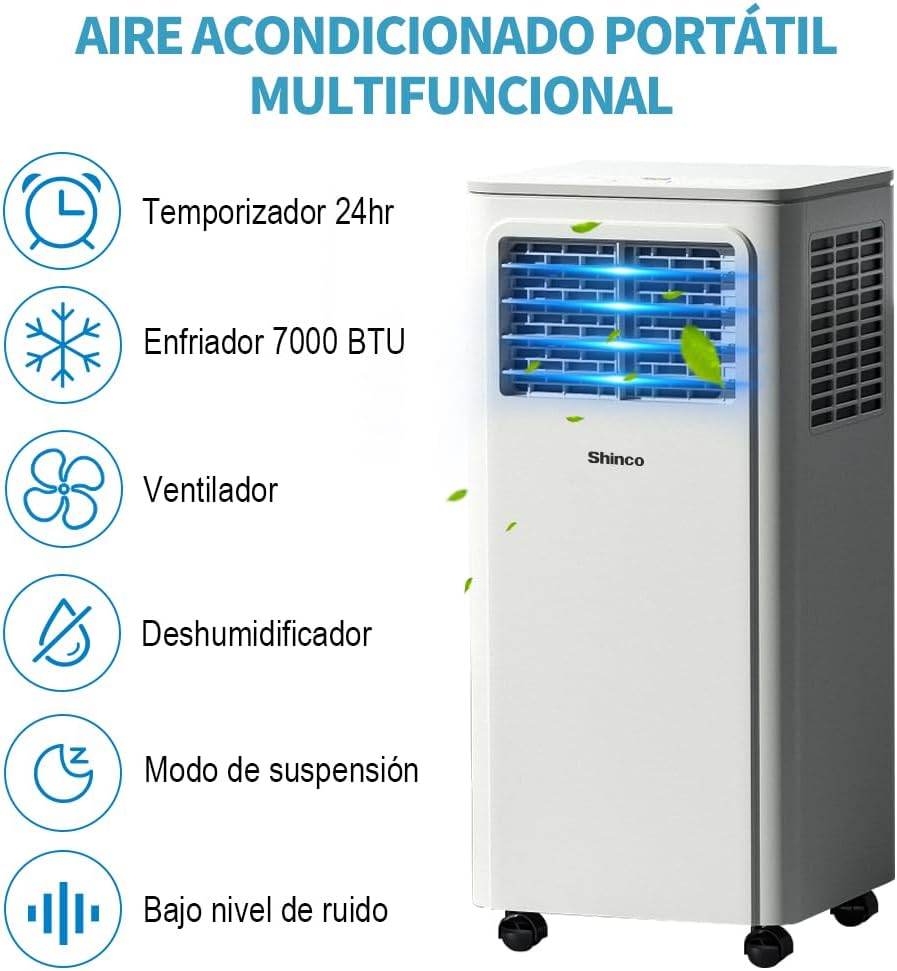 SHINCO Climatiseur mobile, 7000 BTU 2,05kW, Refroidir&Ventilation&Déshumidification, taille de la pièce jusqu'à 54m³(18㎡), Climatiseur mobile avec tuyau d'évacuation et tuyau de vidange, mode sommeil