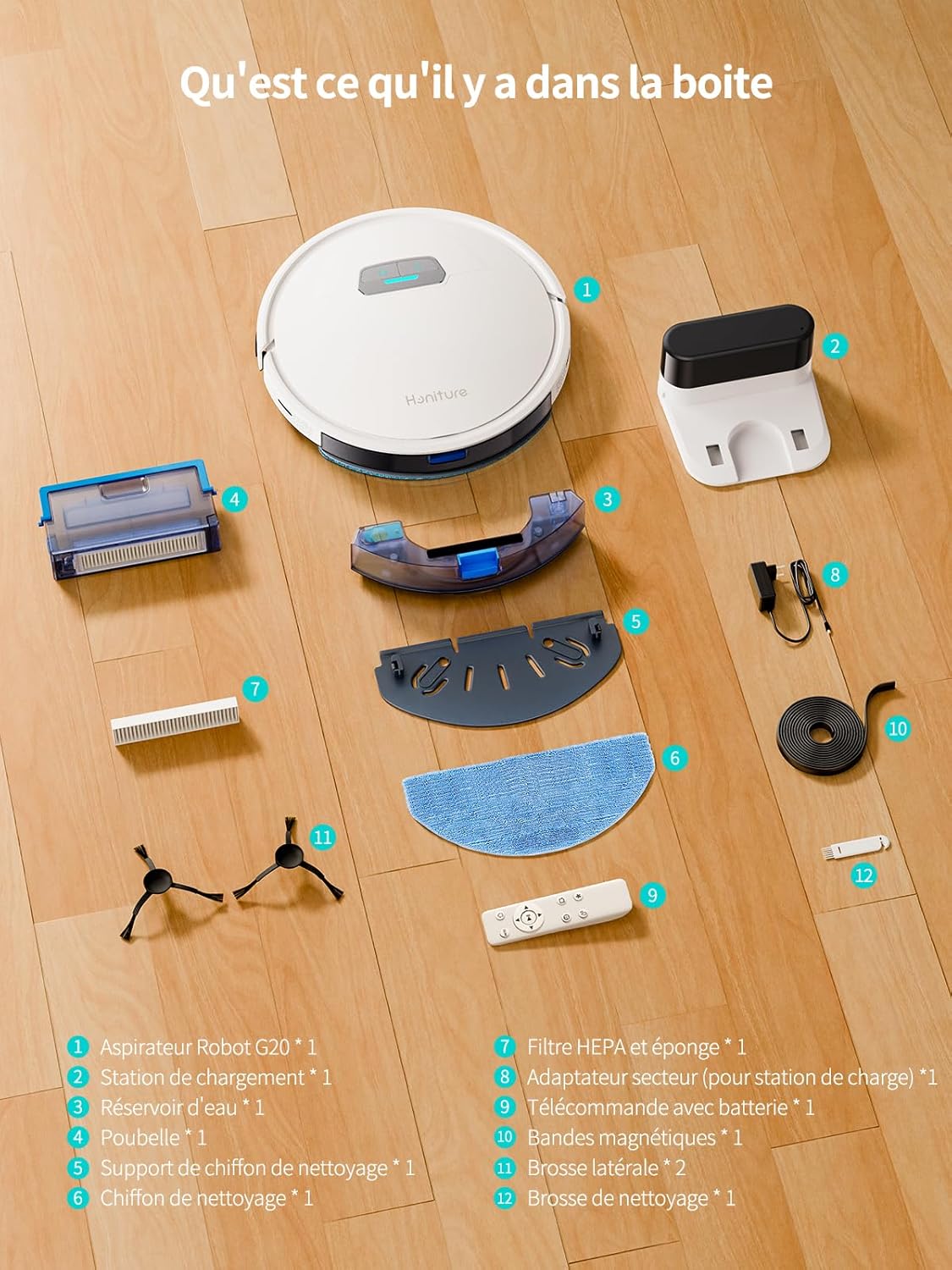 HONITURE Robot Aspirateur Laveur Poils Animaux, G20 Aspirateur Robot 3 en 1, 4000PA, Alexa/WiFi/APP, Idéal pour Tapis Sols Durs, Ultra-Mince Silencieux