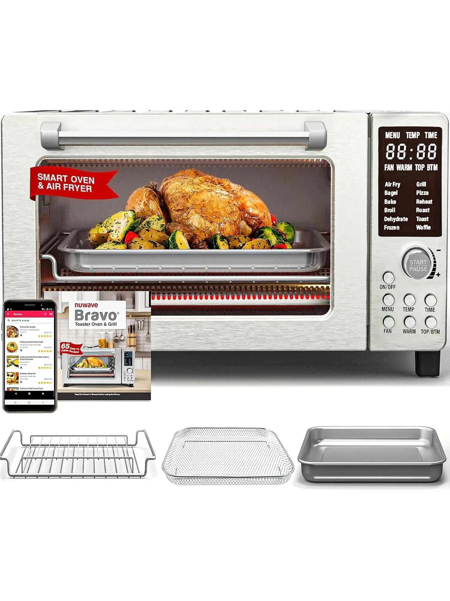 Nuwave Bravo 12-in-1 Air Fryer Toaster Oven Combo, Airfryer Convection Oven Countertop, 1800 Watts, 21-Qt Capacity, 50°-450°F Temp Controls, 65 Recipes & 4 Accessories, Silver- Stainless Steel