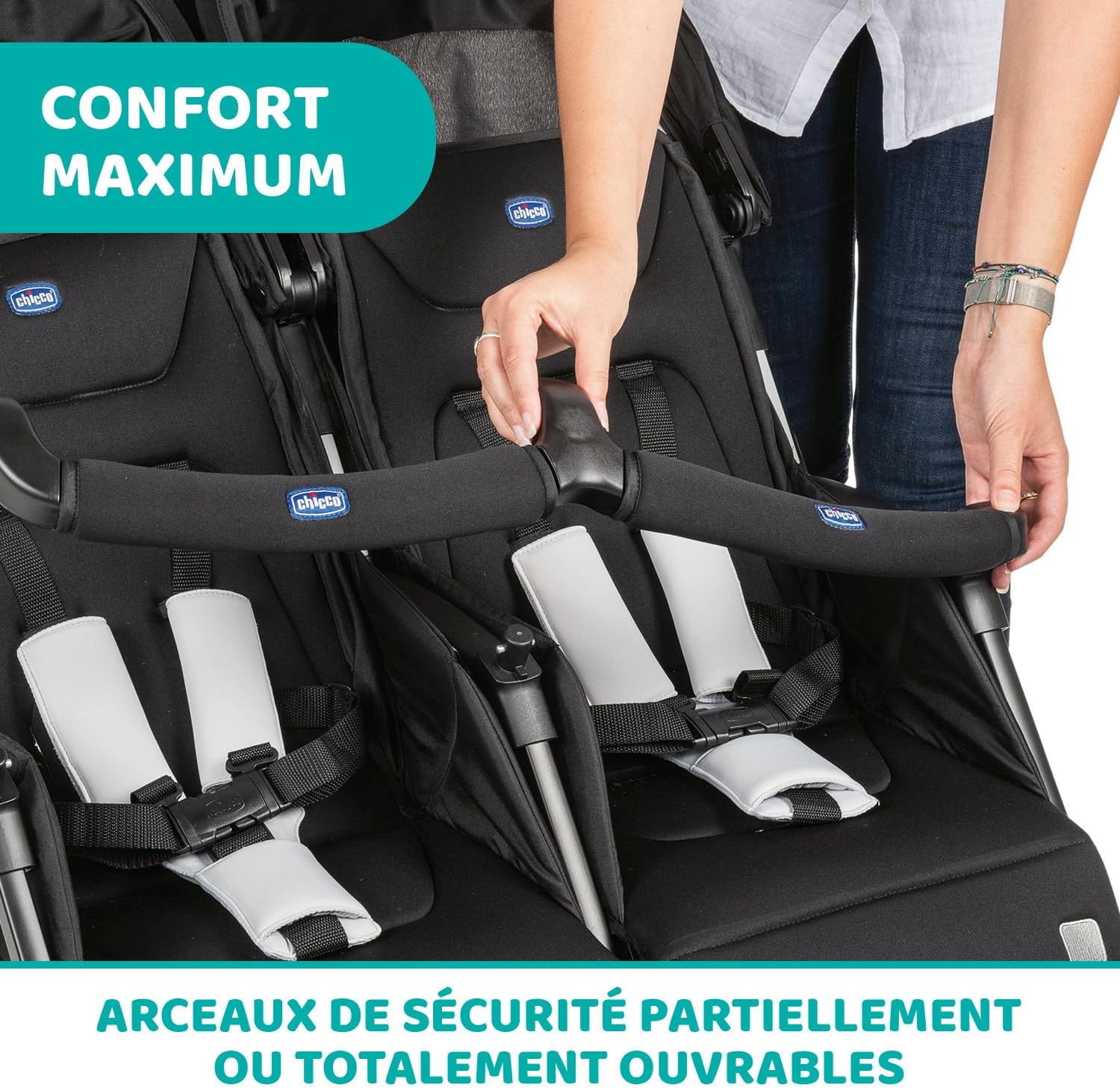 Chicco OHlalà Poussette Canne Double, Légère Inclinable et Pliable, Poussette pour Jumeaux de la Naissance à 15 kg, Fermeture Compacte, Inclus une Housse de Pluie, Capote Extensible - black night