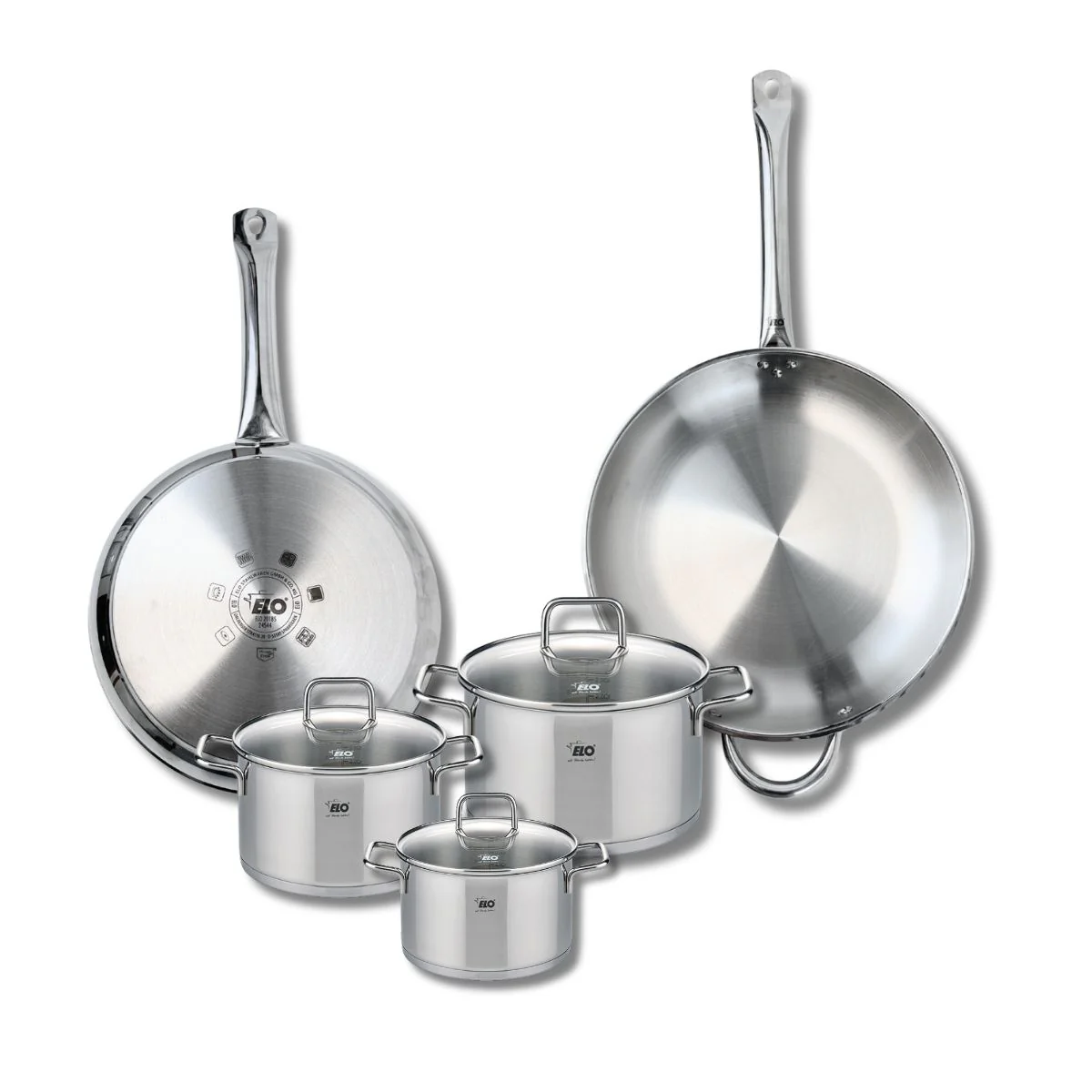 Ensemble de 2 Poêles de cuisson 28 et 32 cm et 3 faitouts 14, 16 et 20 cm Elo Profi Citrin Elo