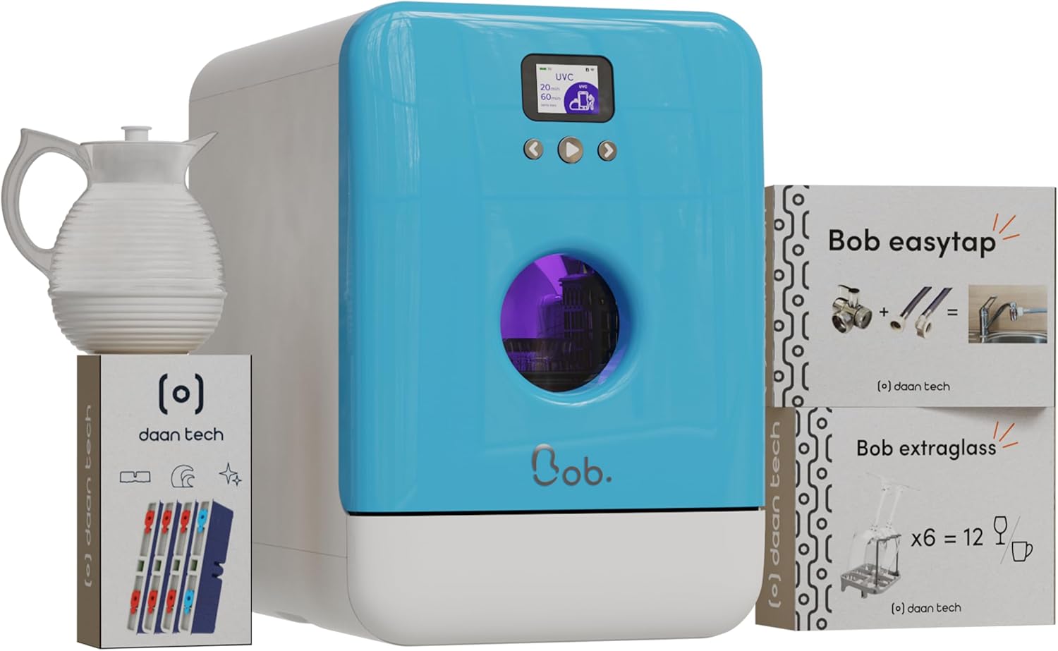 DAAN TECH Bob - Lave-vaisselle Compact 3 Couverts Encastrable - Pose Libre, Avec Réservoir, Portable - Séchage Naturel - Assiette 29 cm - Label Origine France Garantie, Eco-Conçu (Blanc-Rouge)