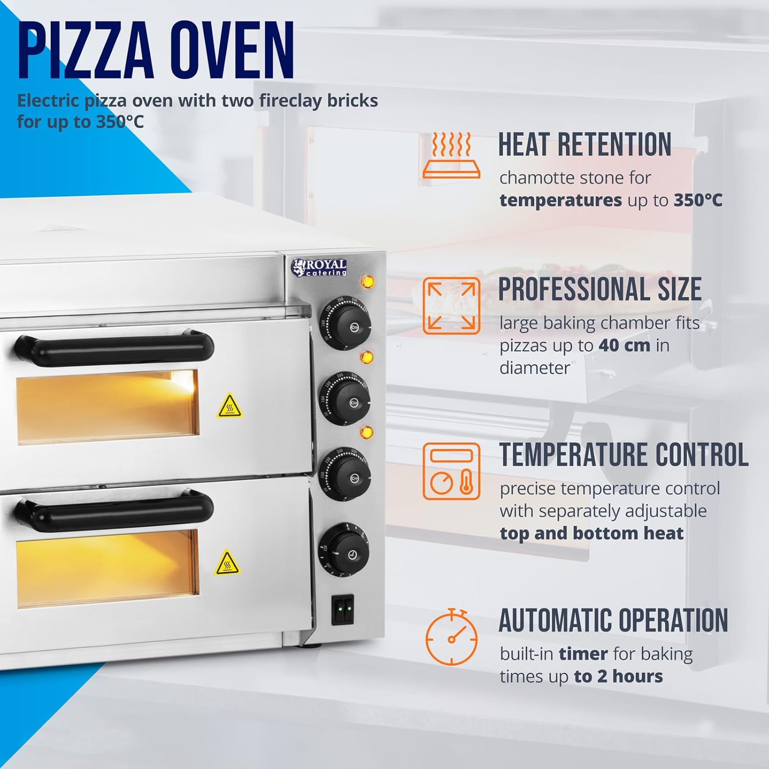 Royal Catering Four à Pizza Electrique RCPO-3000-2PS-1 (2 chambres de cuisson, chaleur réglable séparément, 2 base en chamotte 40x40x1,5cm, fonction minuterie jusqu'à 120 min)