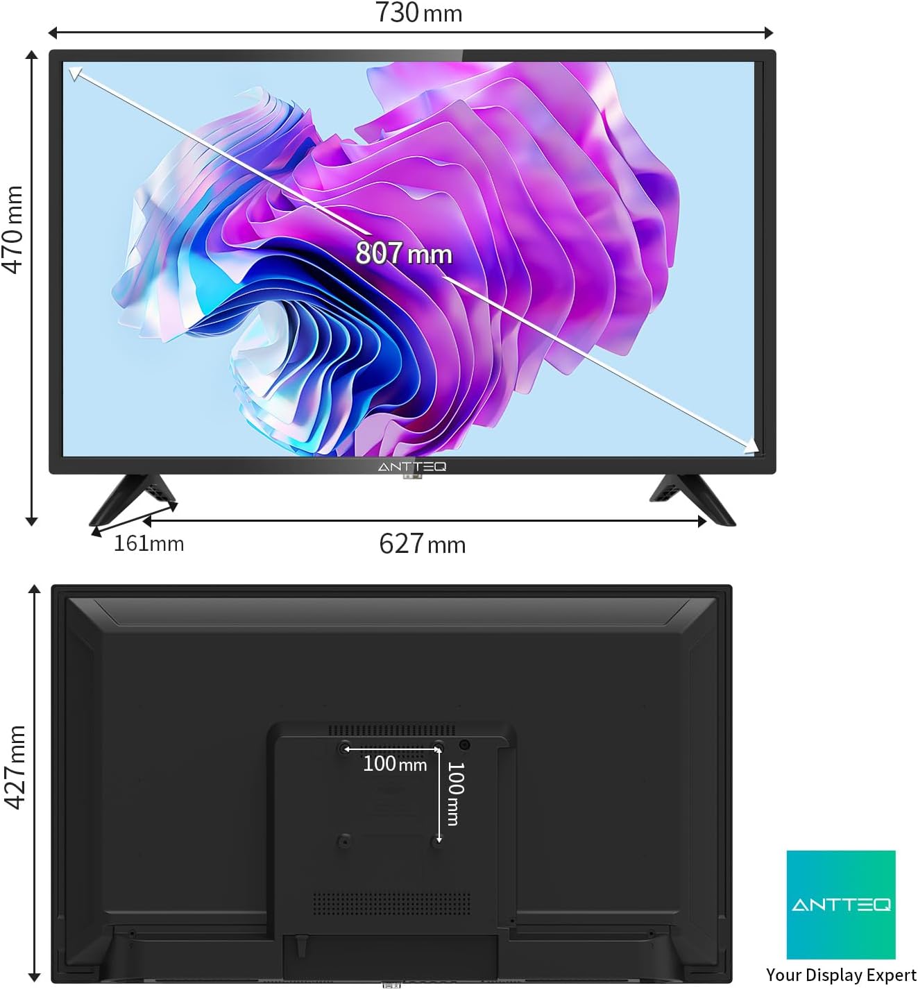 Antteq AB42D1 télévision 42 Pouces (TV 107 cm), Dolby Audio, LED, Triple Tuner DVB-C / T2 / S2, CI+, HDMI, Lecteur multimédia Via USB, Sortie Audio numérique, y Compris Mode hôtel