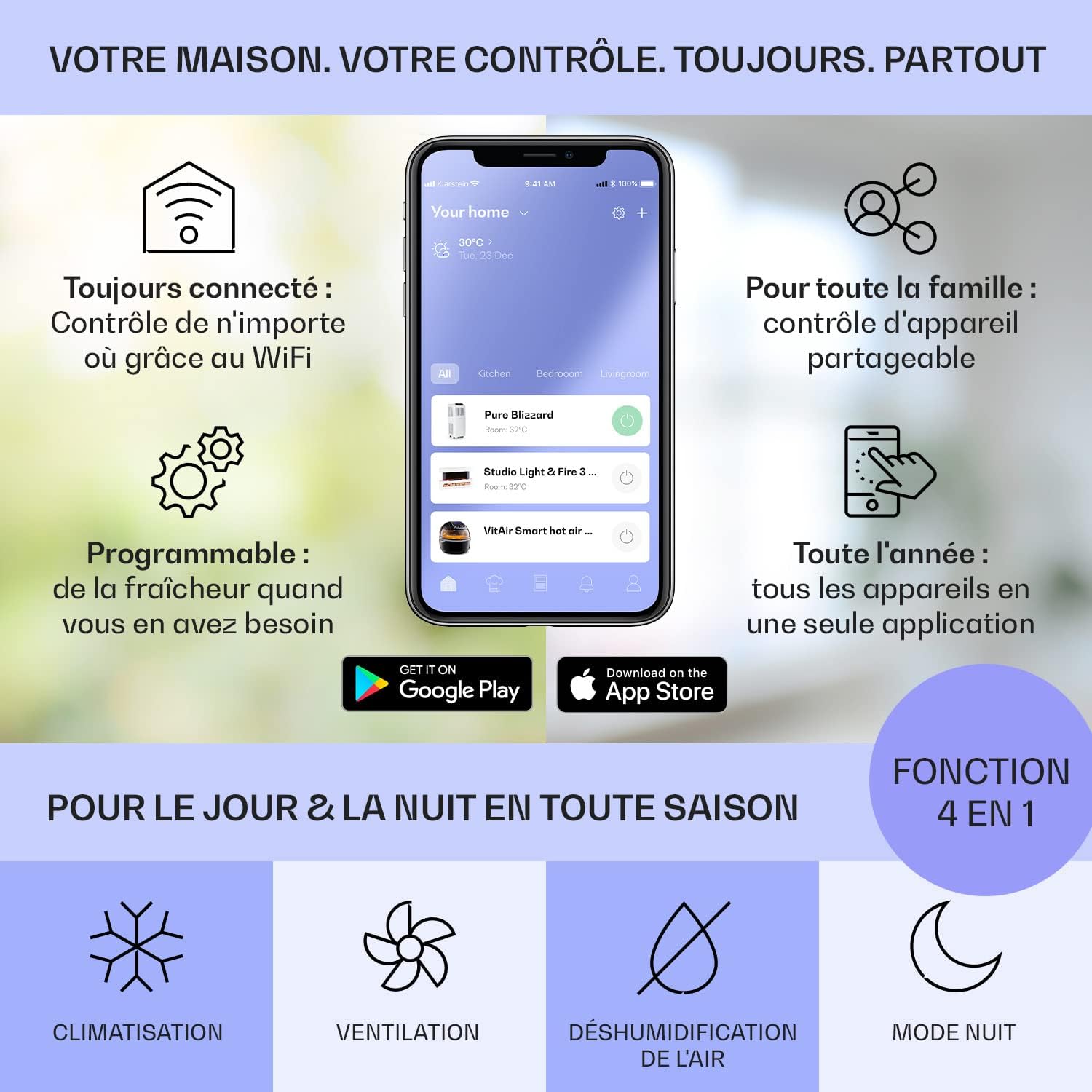 Klarstein Climatiseur Mobile Silencieux, Climatiseur 3 en 1, Mode Nuit, Déshumidificateur, Ventilateur, Mini Climatisation à Faible Conso, Evacuation, Clim Portable, Puissante, 12000 BTU, Climatiseurs