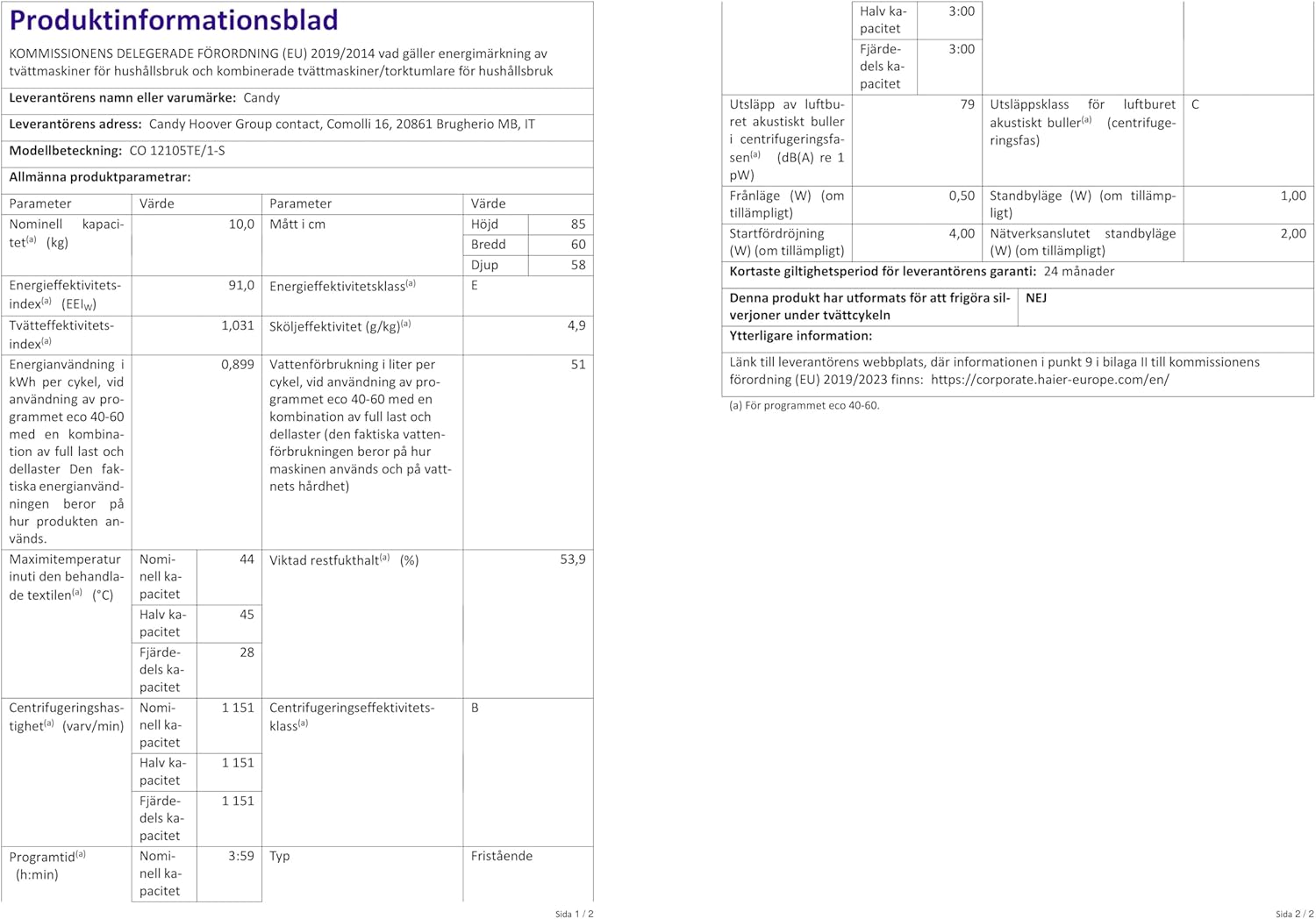 CANDY CO 12105TE/1-S Lave-linge Hublot Smart Pro, 10 kg, 1200 tr/min, Classe E, Blanc