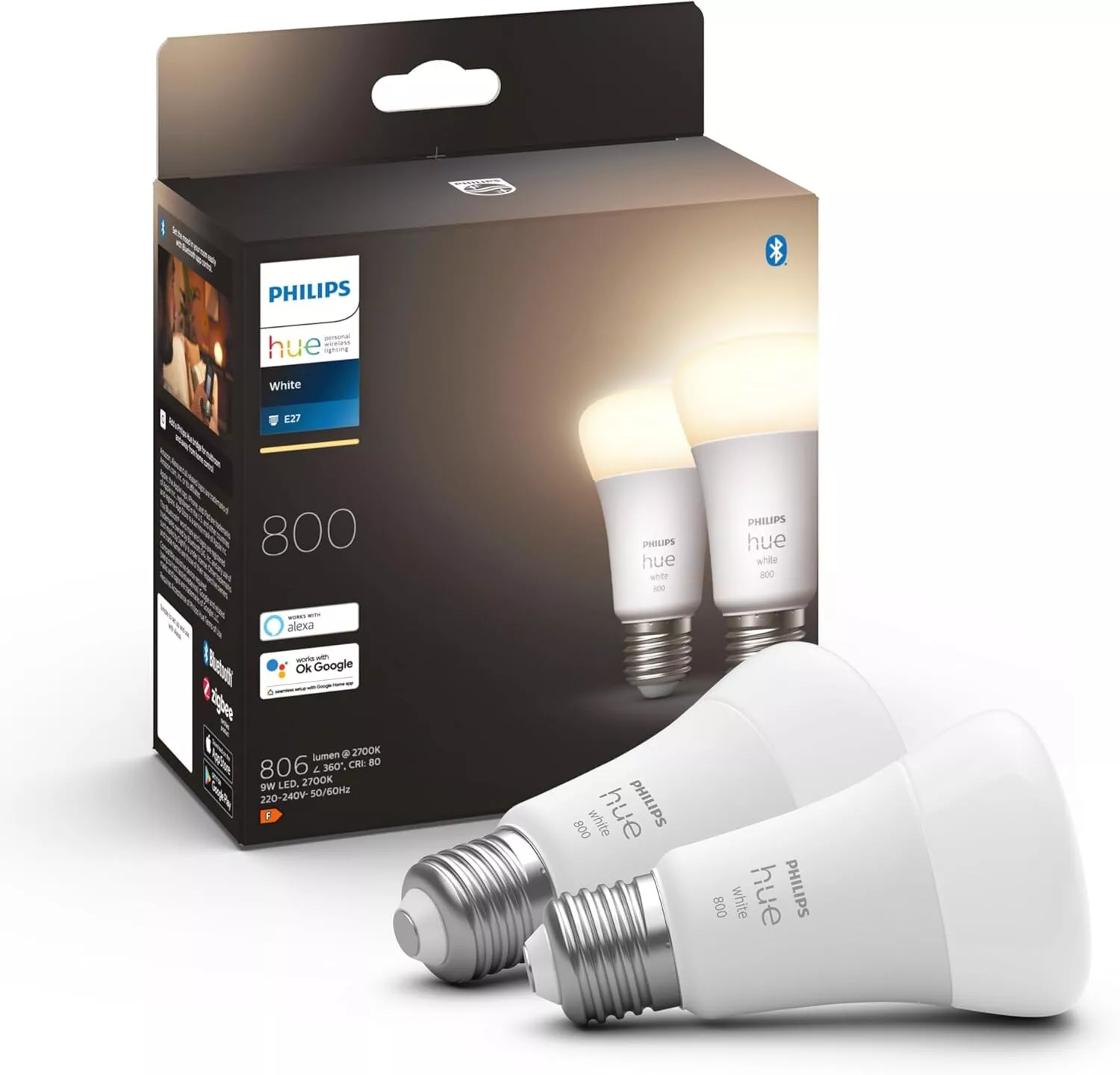 Philips Hue White Ampoules LED Connectées E27, équivalent 60W, 800 lumen, Compat