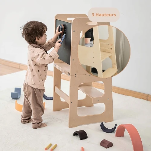 Tour d'observation Montessori - 3 en 1 Ajustable en Hauteur - Tableau dessin - Table d'activités