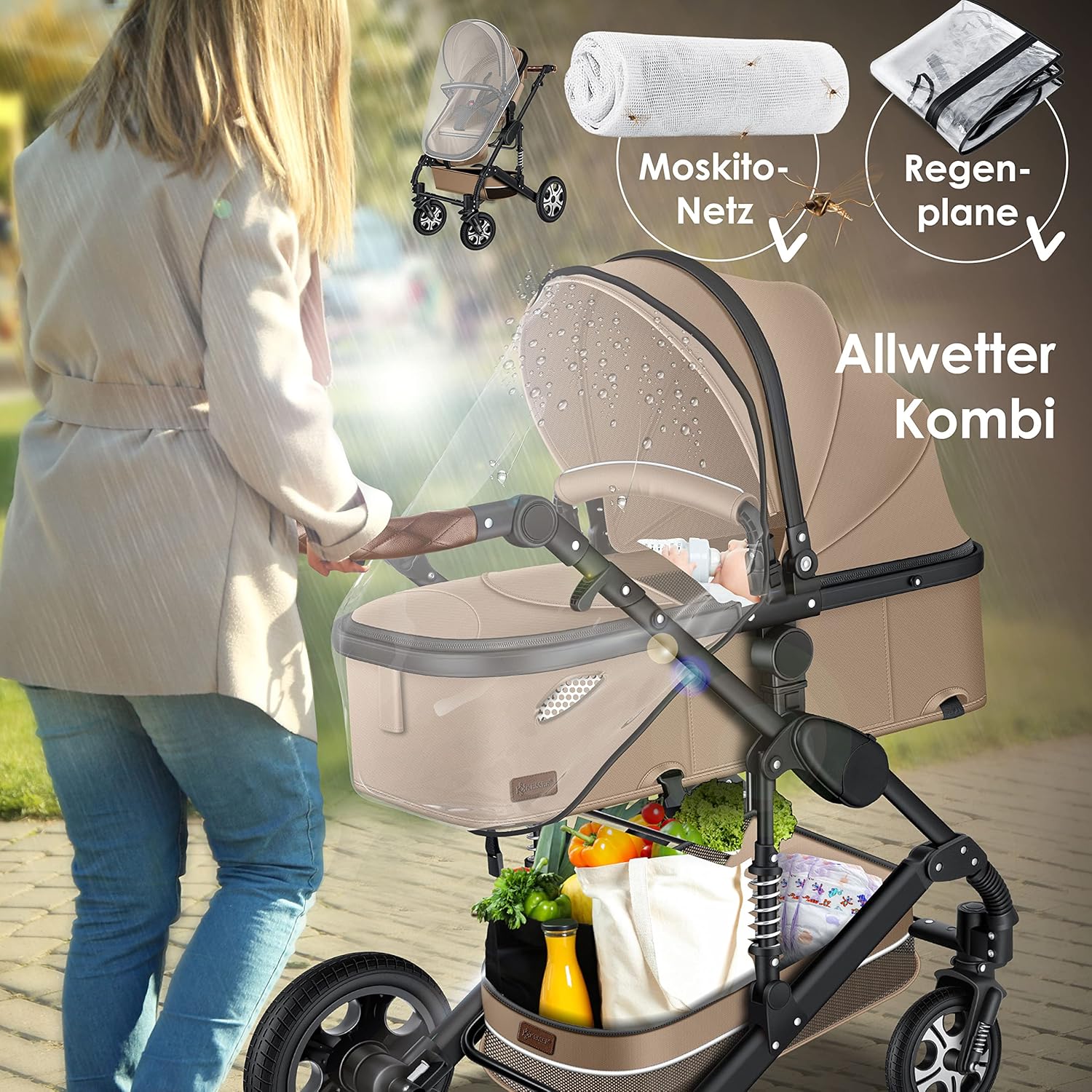 KESSER® Poussette combinée 3en1 Set incl. baignoire bébé poussette Siège sport & siège auto pour bébé Pneus pleins en caoutchouc Sac à langer Protection pluie Table pour enfant ECE R129 noir/champagne