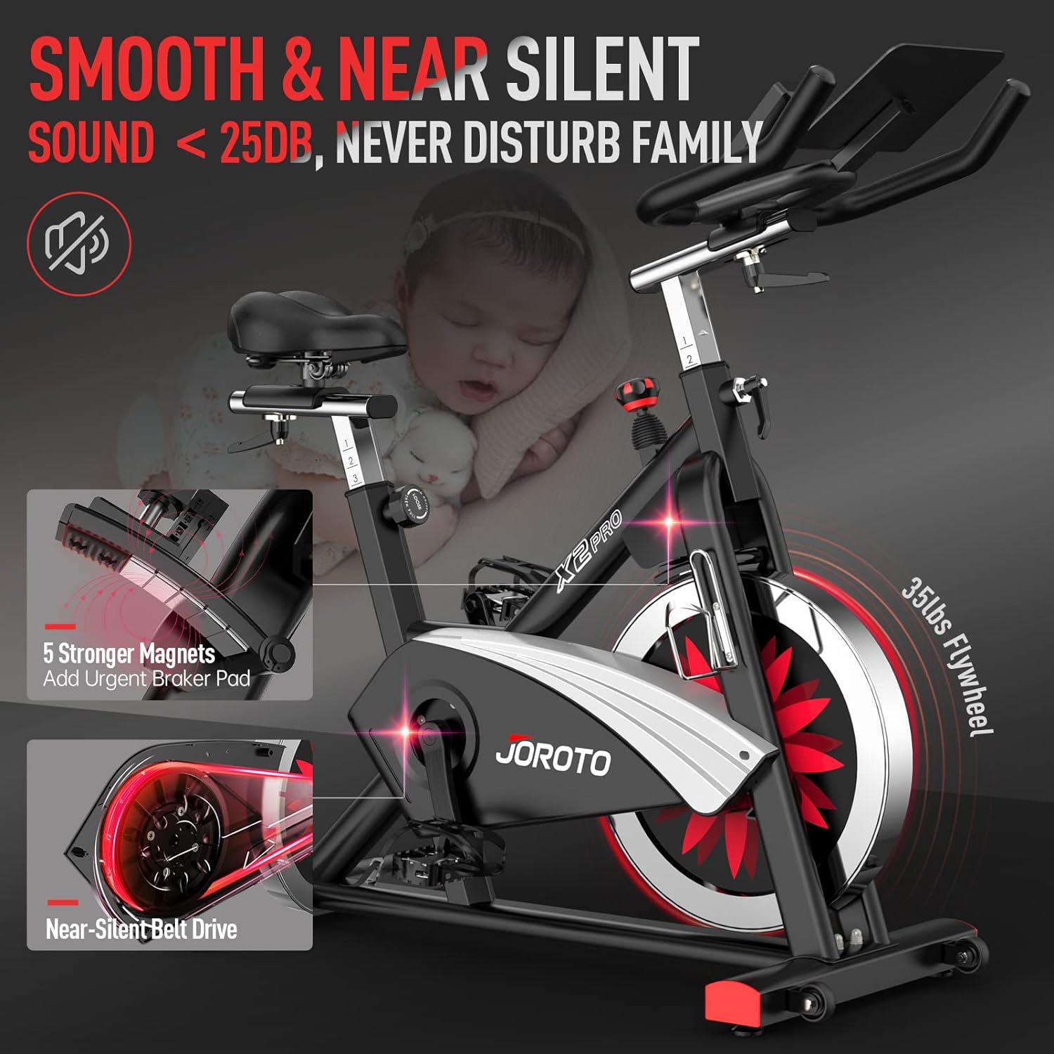 JOROTO X2 Vélo d'Appartement Professionnel et JOROTO X2PRO Bluetooth Vélo d'Appartement Vélo de Fitness Ergomètre avec Résistance Magnétique Réglable et Système de Courroie avec Grand Support Tablette - Capacité de Charge 150KG