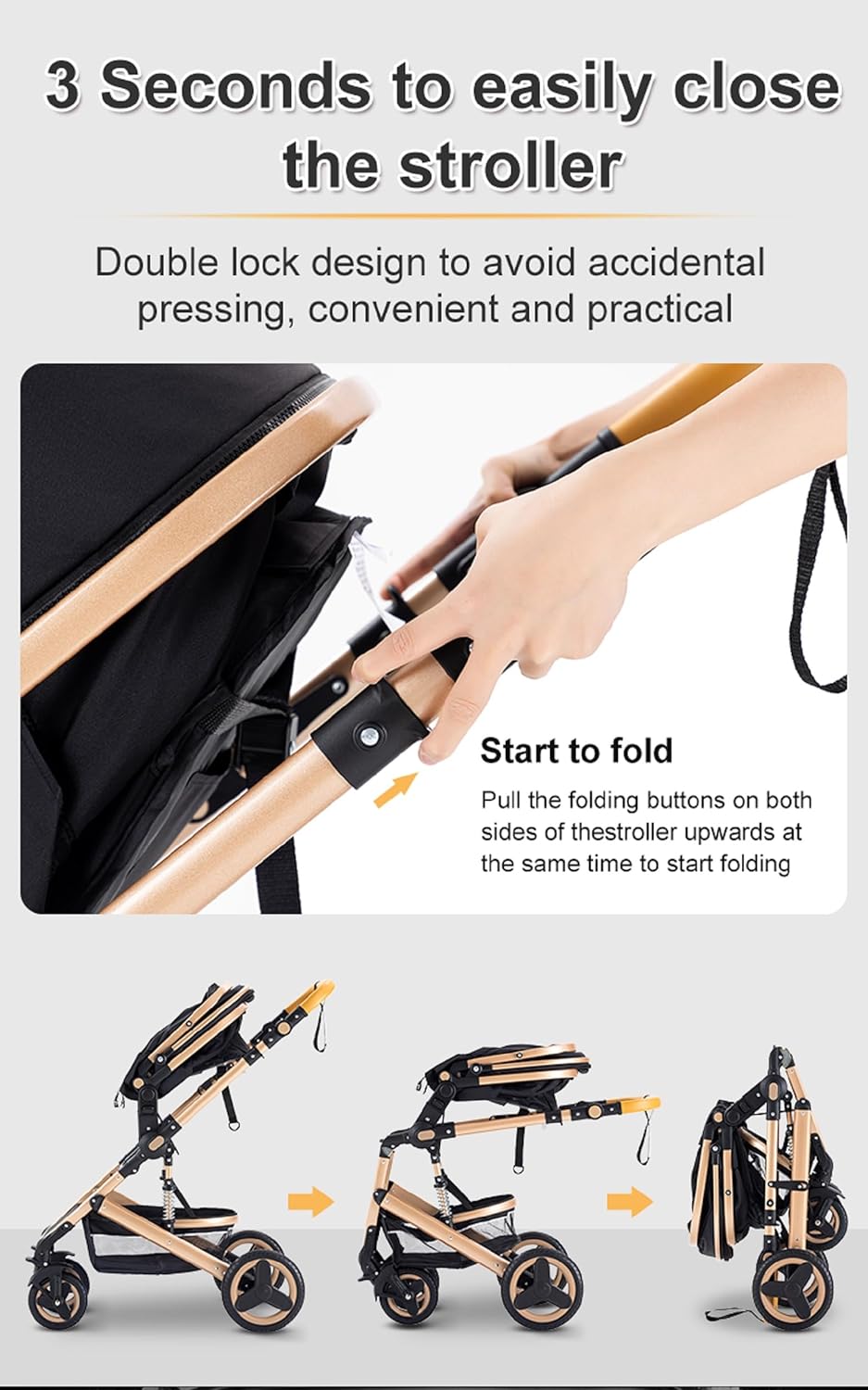 GLOKID Poussette 3 en 1, Poussettes Combinée Portable Pliant en Un Clic，Poussette Canne Poignée Réglable en Hauteur, Poussettes Combinée Paysage Haut Cadre en Aluminium (X1 NOIR)