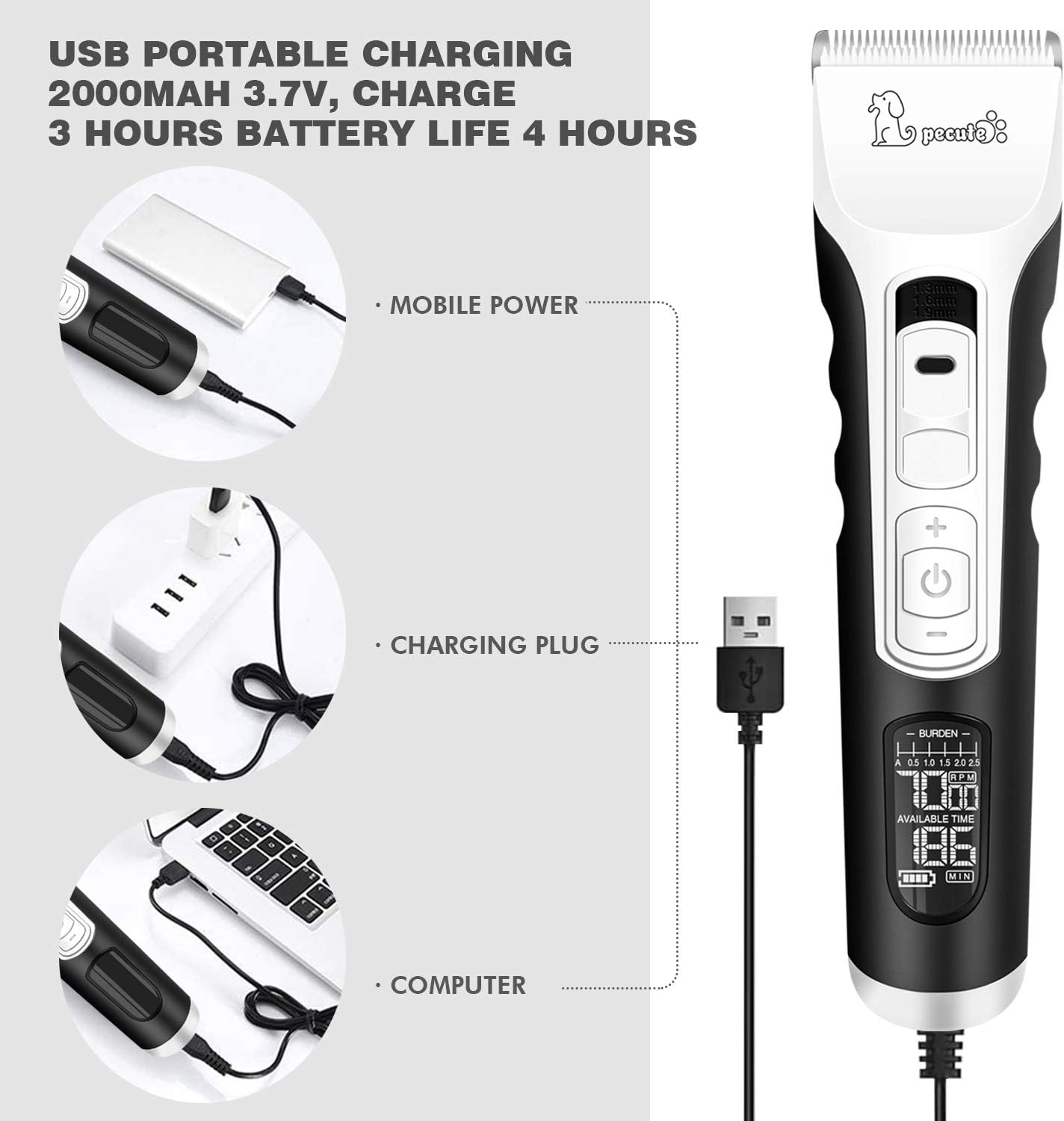 Pecute Tondeuse Chien Professionnel avec écran LCD et 5 Vitesses de Rotation, Tondeuse pour Chien et Chat Peut 4 h de Travail, Ultra Silencieux Rasoir Electrique pour Animaux de Compagnie Toilettage