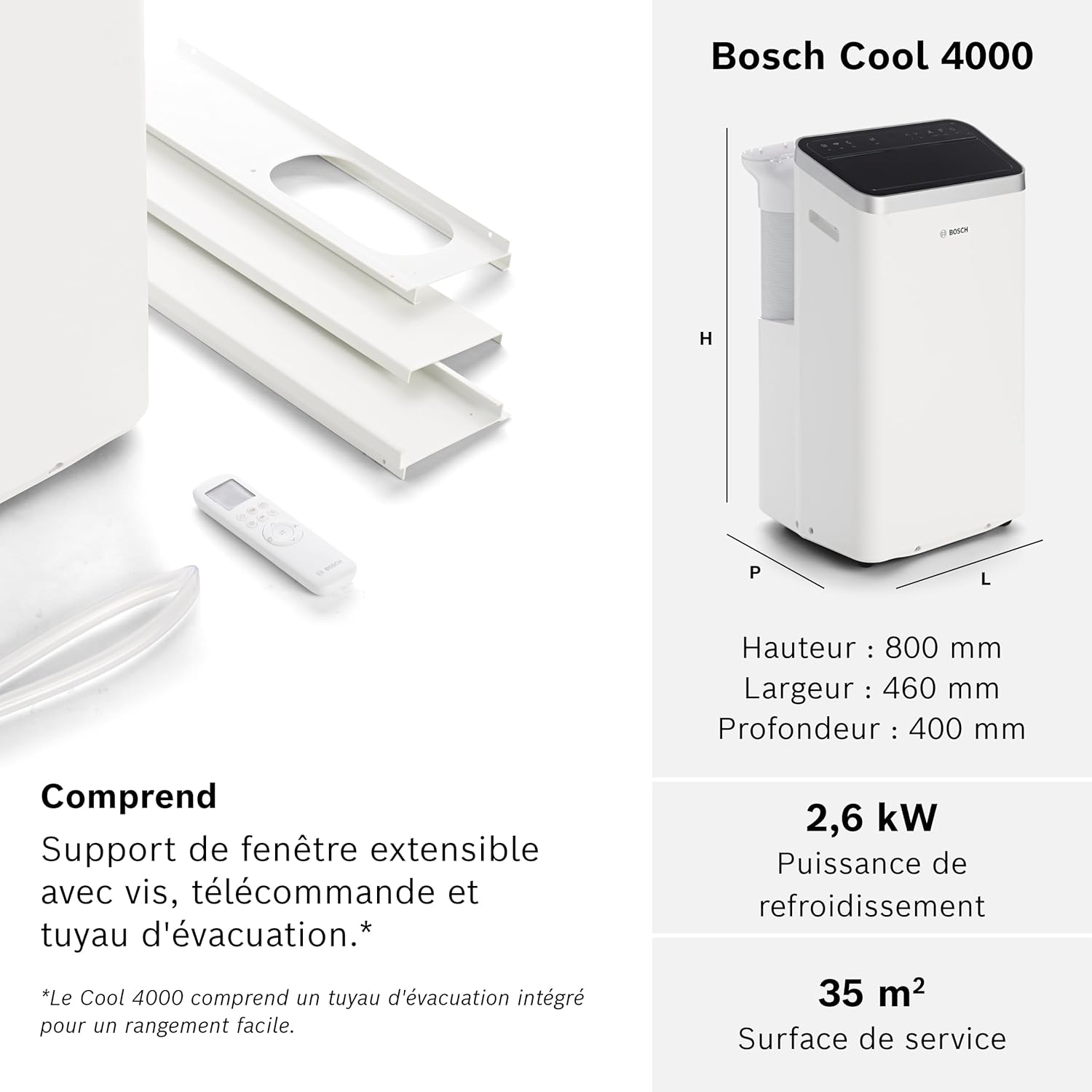 Bosch Cool 4000 Portable AC - 3 en 1 : Climatiseur, Déshumidificateur, Ventilateur - 2,6 kW pour les pièces jusqu'à 35m² - Avec Mode Auto, Mode Silencieux et Mode Veille (48 db (A)) [Classe A+]